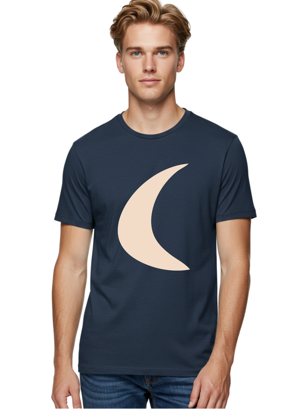 Crescent-Moon Men'S Graphic Tee, 100% Cotton, Comfortable Casual Summer Wear, Machine Washable, Crescent Moon, Pale Moon Shape, Simple Graphics, Minimalist Design, Moon Symbol, Digital Illustration, Abstract Shapes Aae007