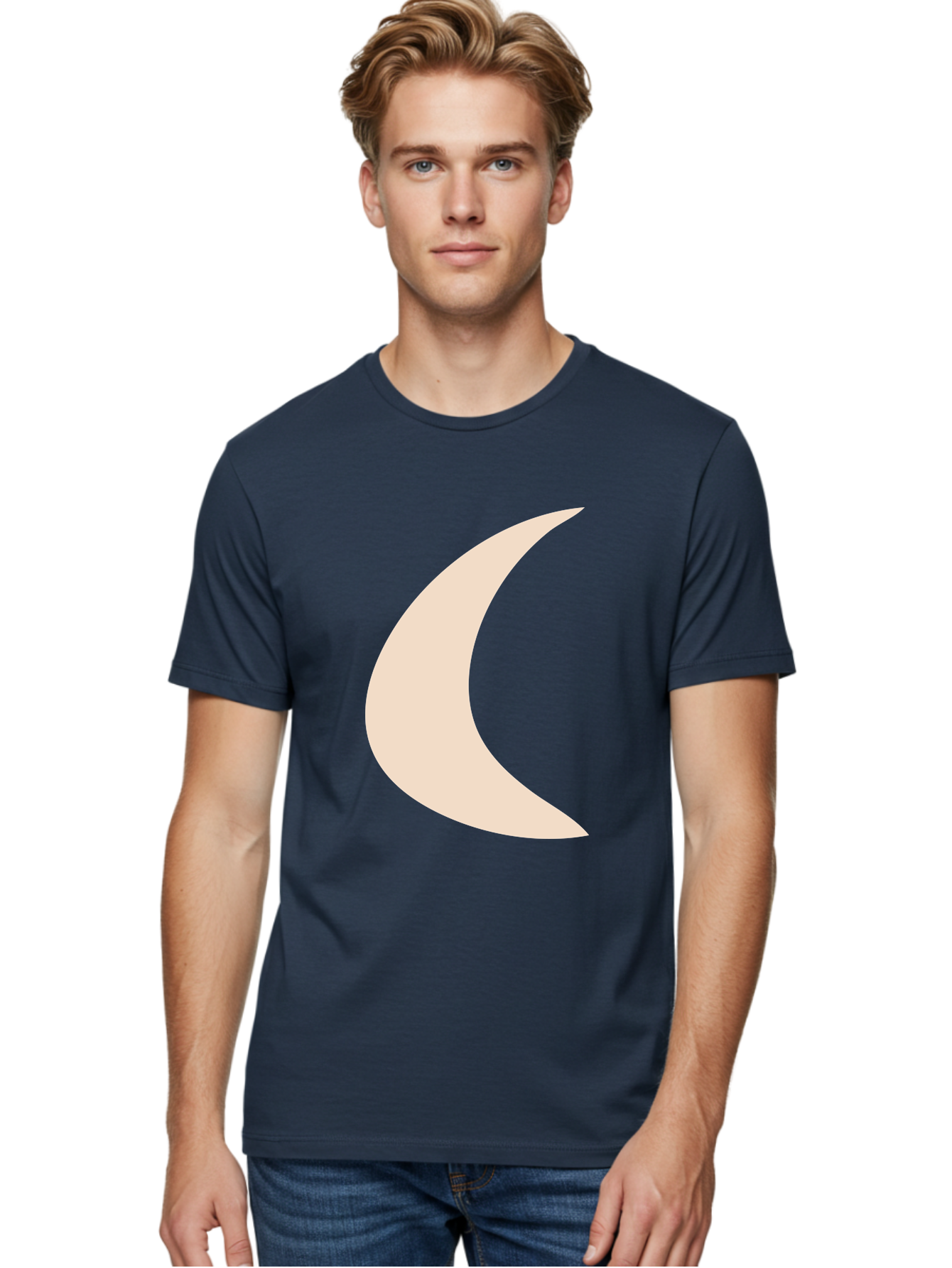 Crescent-Moon Men'S Graphic Tee, 100% Cotton, Comfortable Casual Summer Wear, Machine Washable, Crescent Moon, Pale Moon Shape, Simple Graphics, Minimalist Design, Moon Symbol, Digital Illustration, Abstract Shapes Aae007