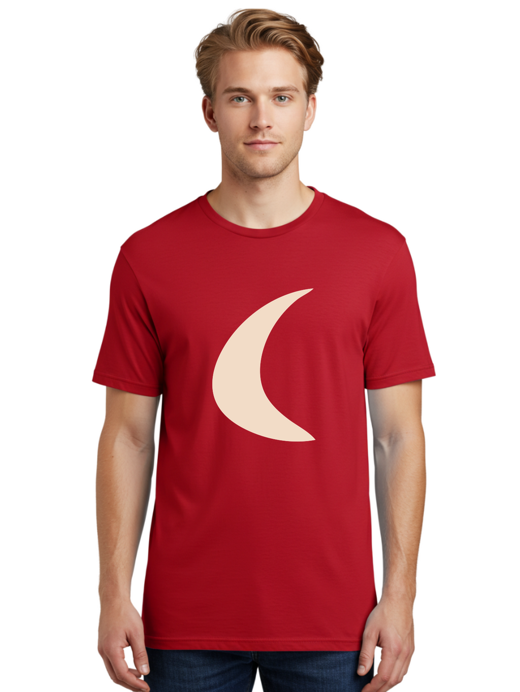 Crescent-Moon Men'S Graphic Tee, 100% Cotton, Comfortable Casual Summer Wear, Machine Washable, Crescent Moon, Pale Moon Shape, Simple Graphics, Minimalist Design, Moon Symbol, Digital Illustration, Abstract Shapes Aae007