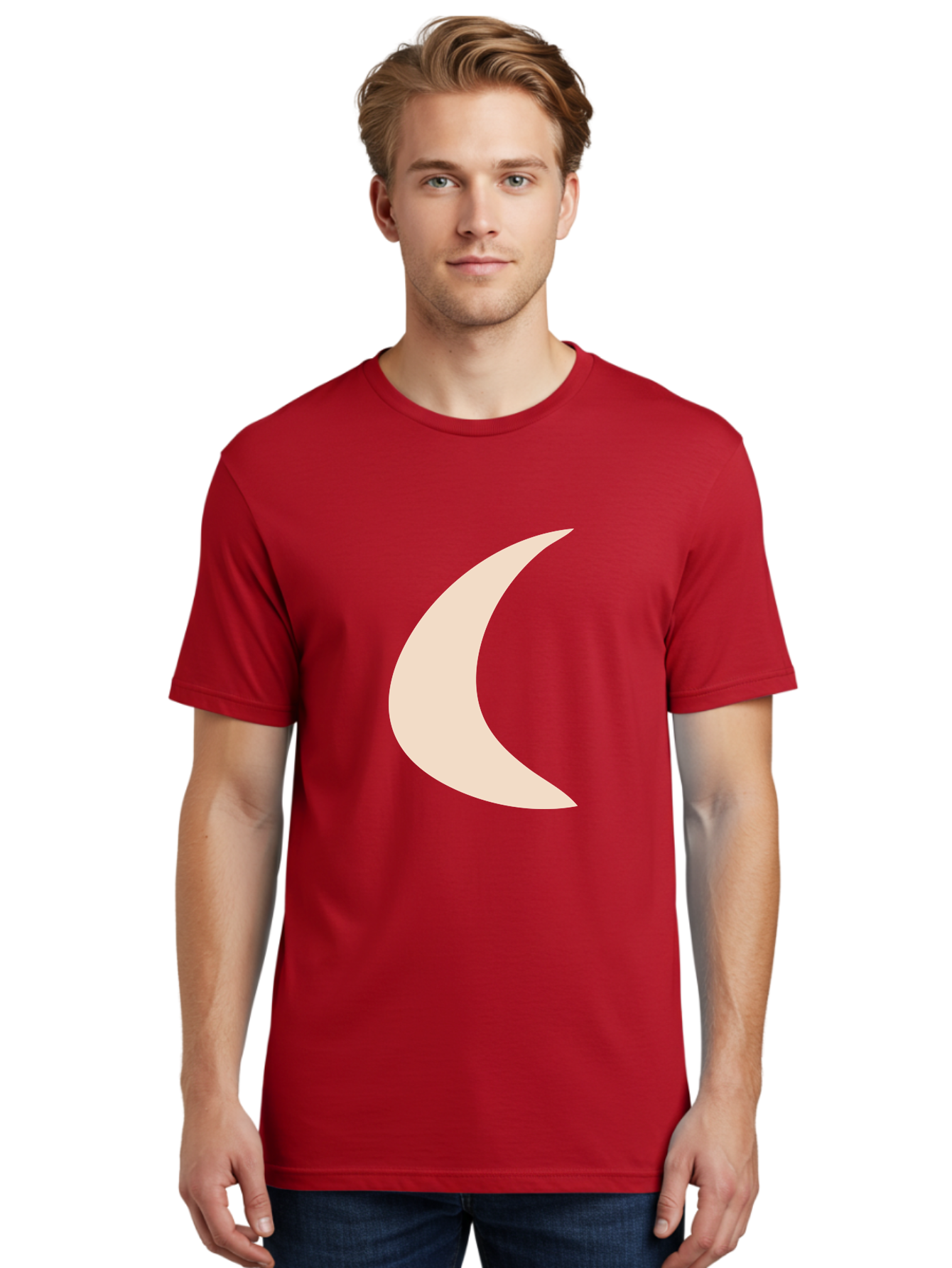 Crescent-Moon Men'S Graphic Tee, 100% Cotton, Comfortable Casual Summer Wear, Machine Washable, Crescent Moon, Pale Moon Shape, Simple Graphics, Minimalist Design, Moon Symbol, Digital Illustration, Abstract Shapes Aae007