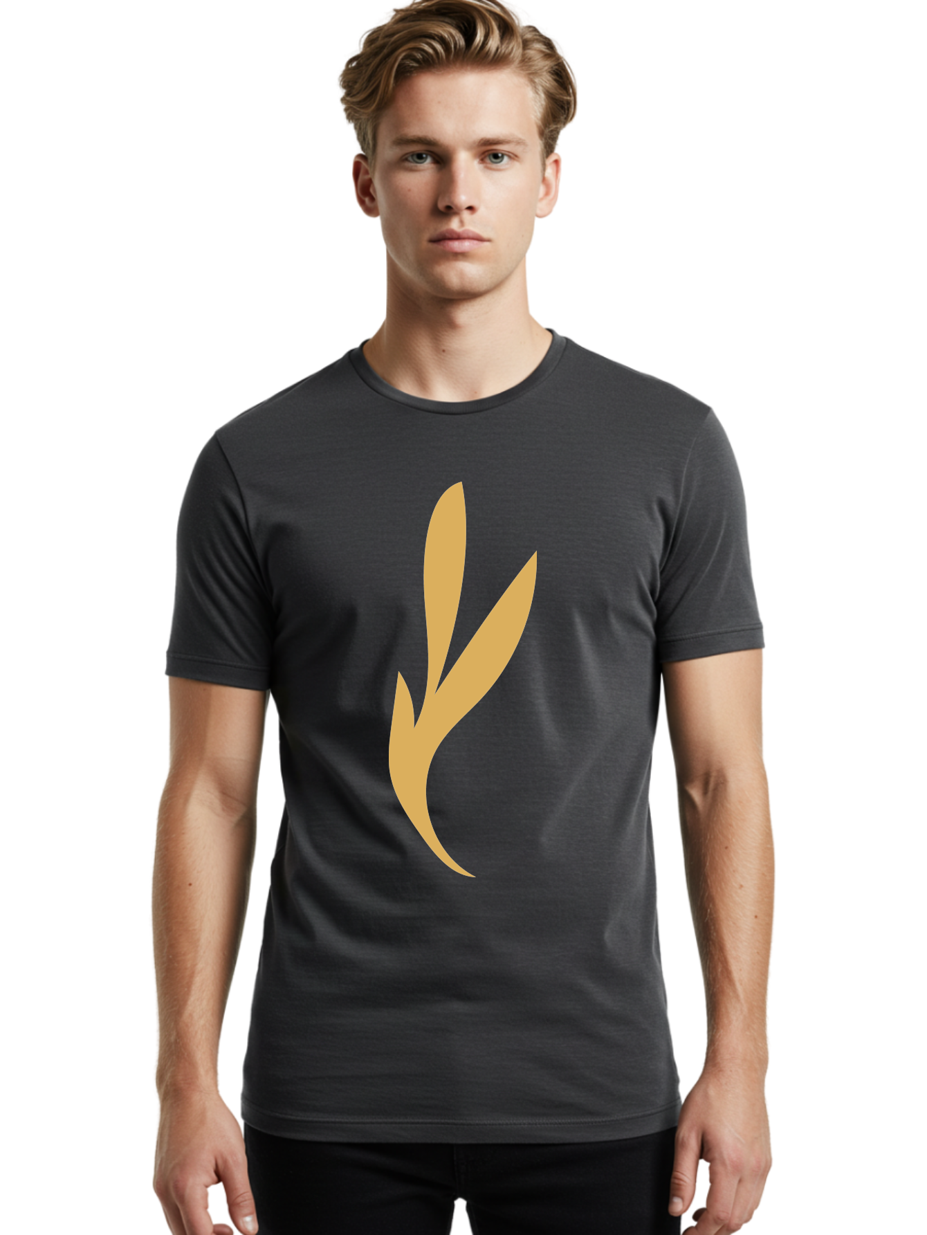 Curved-Leaf Men'S Graphic Tee, 100% Cotton, Comfortable Casual Summer Wear, Machine Washable, Orange Abstract Leaf, Simple Design, Minimalist Art, Stylized Foliage, Modern Graphic, Creative Illustration, Abstract Shape, Digital Art Aae008