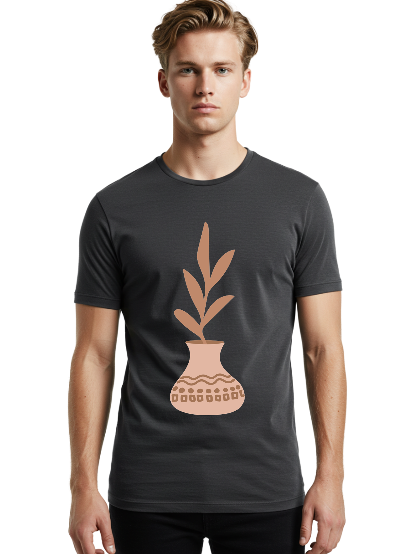 Decorated-Vase-With-Plant Men'S Graphic Tee, 100% Cotton, Comfortable Casual Summer Wear, Machine Washable, Decorative Vase, Leafy Plant, Pink Leaves, Brown Patterns, Wavy Lines, Decorative Design, Simple Graphics, Minimalist Art, Aae010