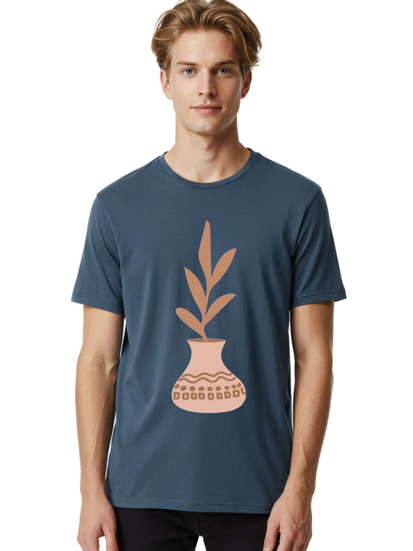 Decorated-Vase-With-Plant Men'S Graphic Tee, 100% Cotton, Comfortable Casual Summer Wear, Machine Washable, Decorative Vase, Leafy Plant, Pink Leaves, Brown Patterns, Wavy Lines, Decorative Design, Simple Graphics, Minimalist Art, Aae010