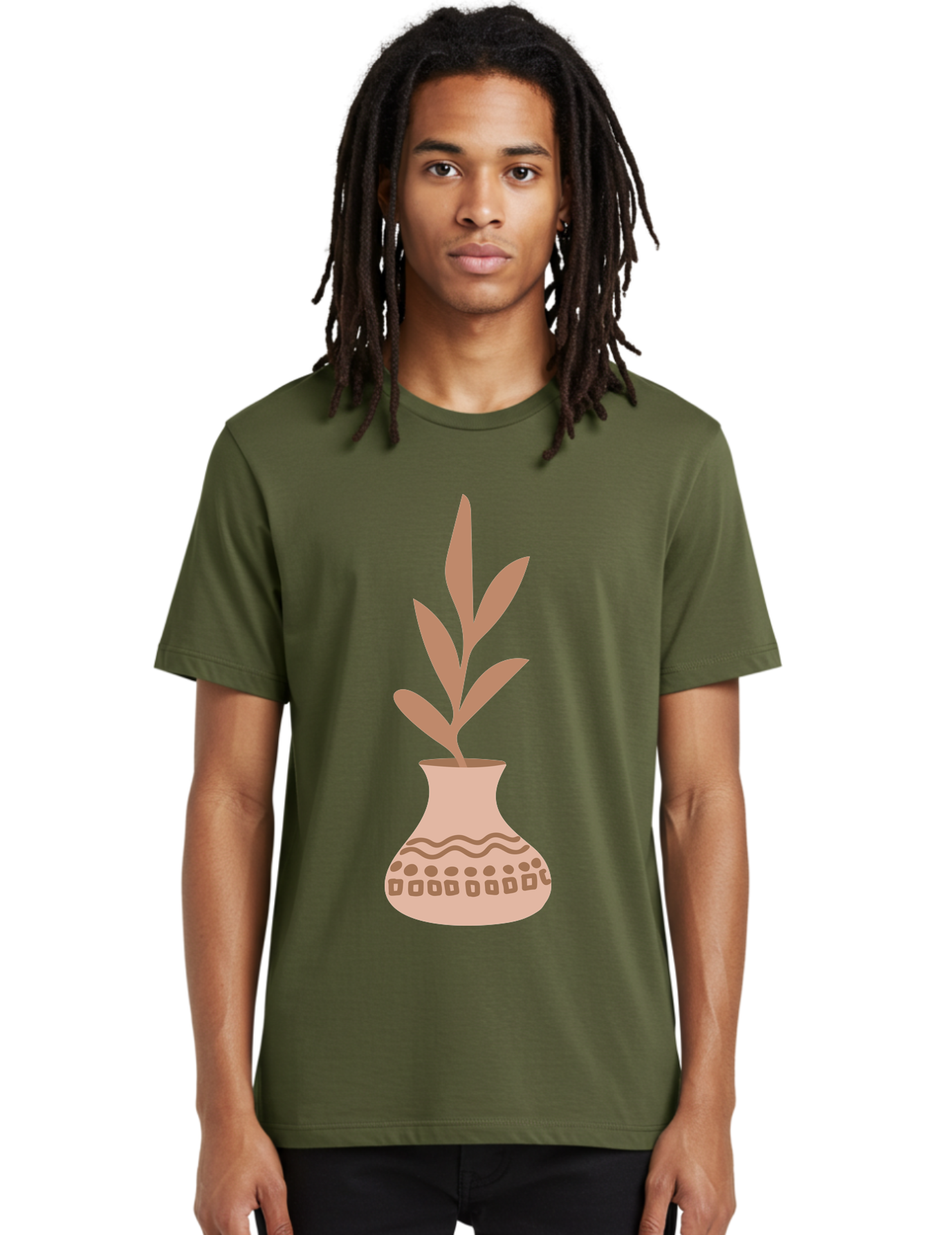 Decorated-Vase-With-Plant Men'S Graphic Tee, 100% Cotton, Comfortable Casual Summer Wear, Machine Washable, Decorative Vase, Leafy Plant, Pink Leaves, Brown Patterns, Wavy Lines, Decorative Design, Simple Graphics, Minimalist Art, Aae010
