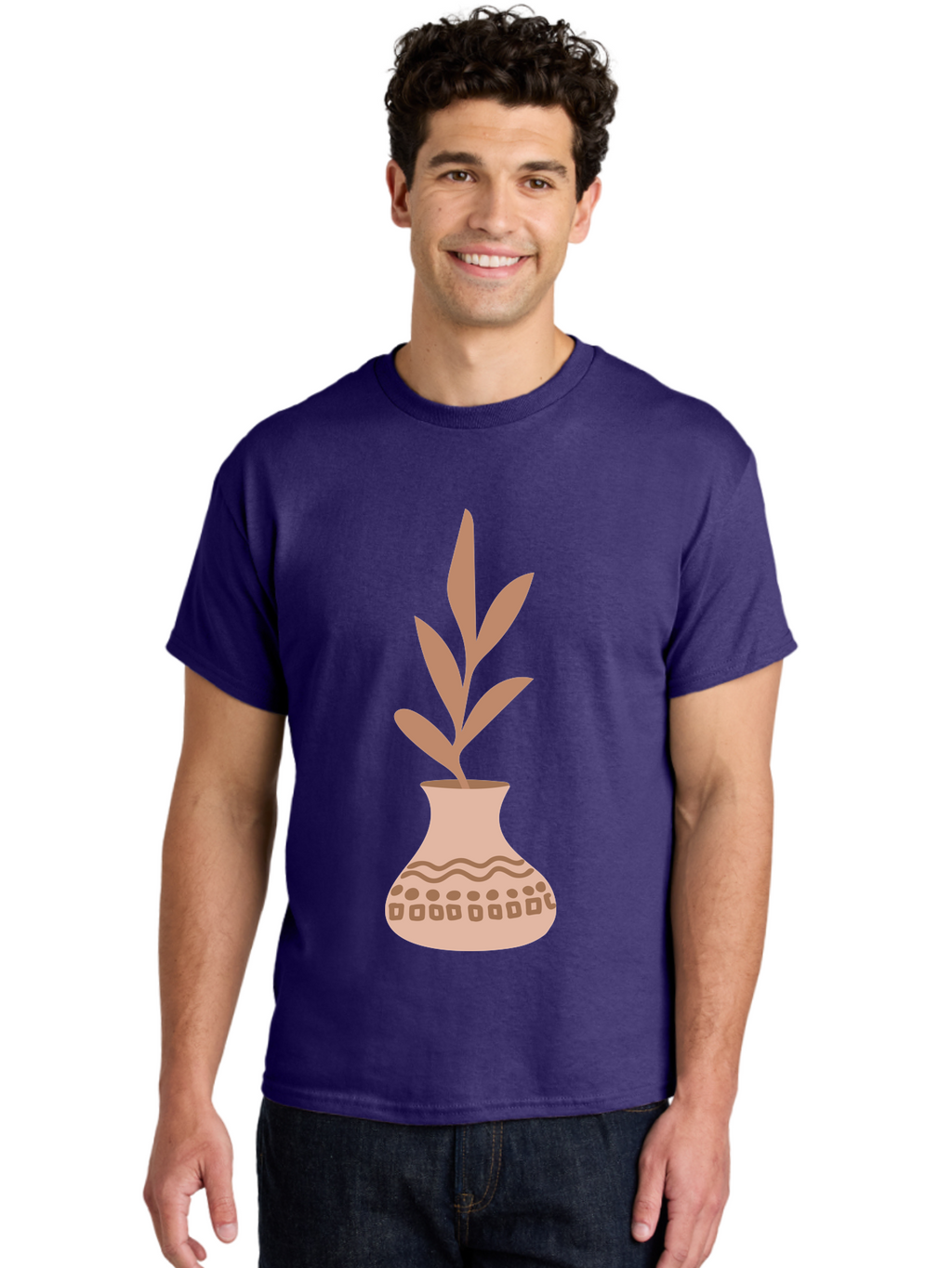 Decorated-Vase-With-Plant Men'S Graphic Tee, 100% Cotton, Comfortable Casual Summer Wear, Machine Washable, Decorative Vase, Leafy Plant, Pink Leaves, Brown Patterns, Wavy Lines, Decorative Design, Simple Graphics, Minimalist Art, Aae010