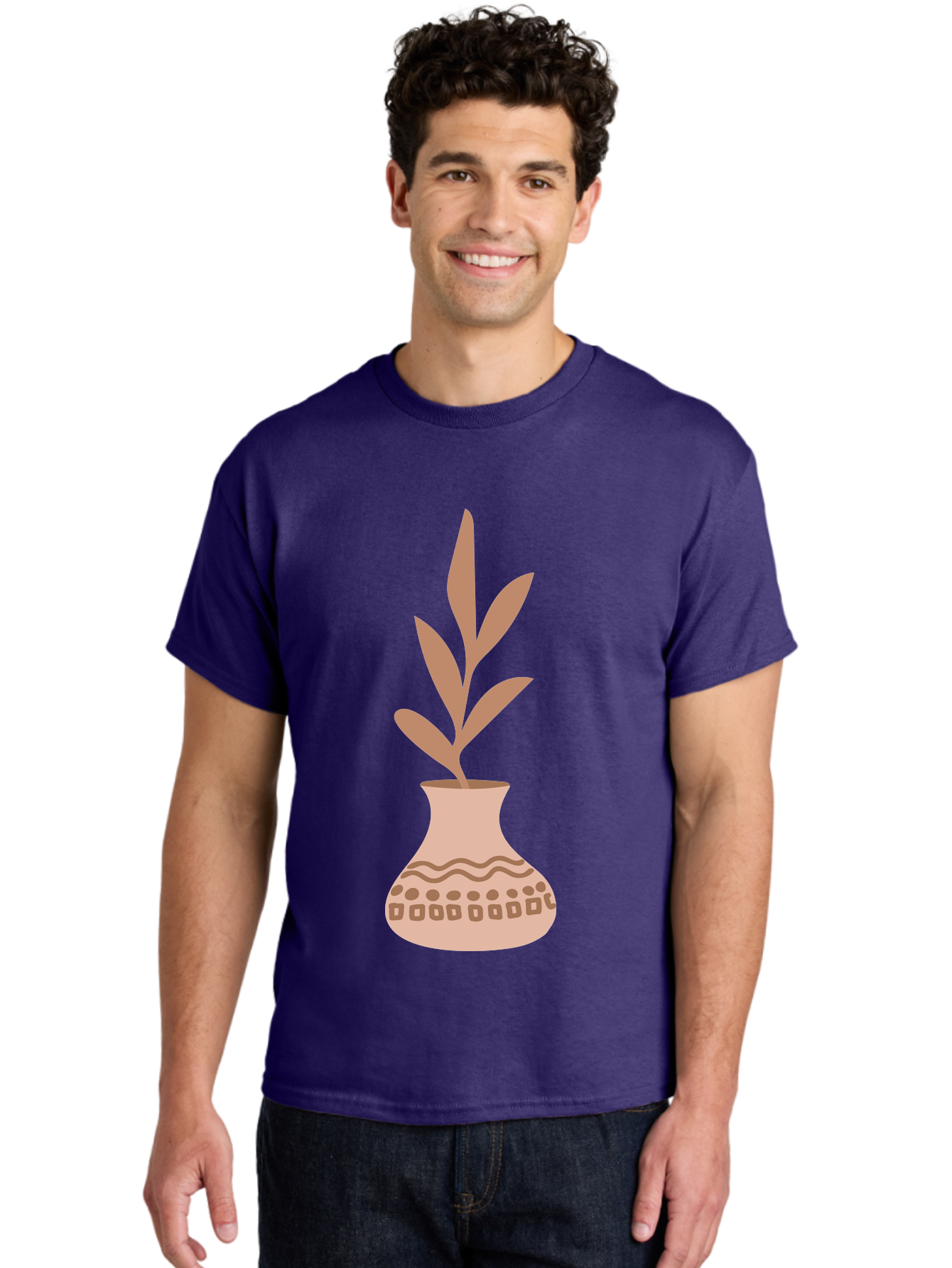 Decorated-Vase-With-Plant Men'S Graphic Tee, 100% Cotton, Comfortable Casual Summer Wear, Machine Washable, Decorative Vase, Leafy Plant, Pink Leaves, Brown Patterns, Wavy Lines, Decorative Design, Simple Graphics, Minimalist Art, Aae010