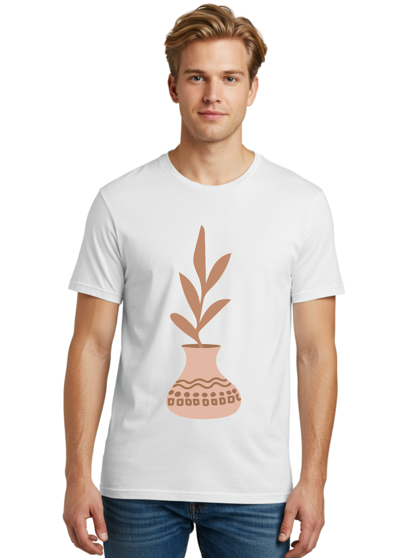 Decorated-Vase-With-Plant Men'S Graphic Tee, 100% Cotton, Comfortable Casual Summer Wear, Machine Washable, Decorative Vase, Leafy Plant, Pink Leaves, Brown Patterns, Wavy Lines, Decorative Design, Simple Graphics, Minimalist Art, Aae010