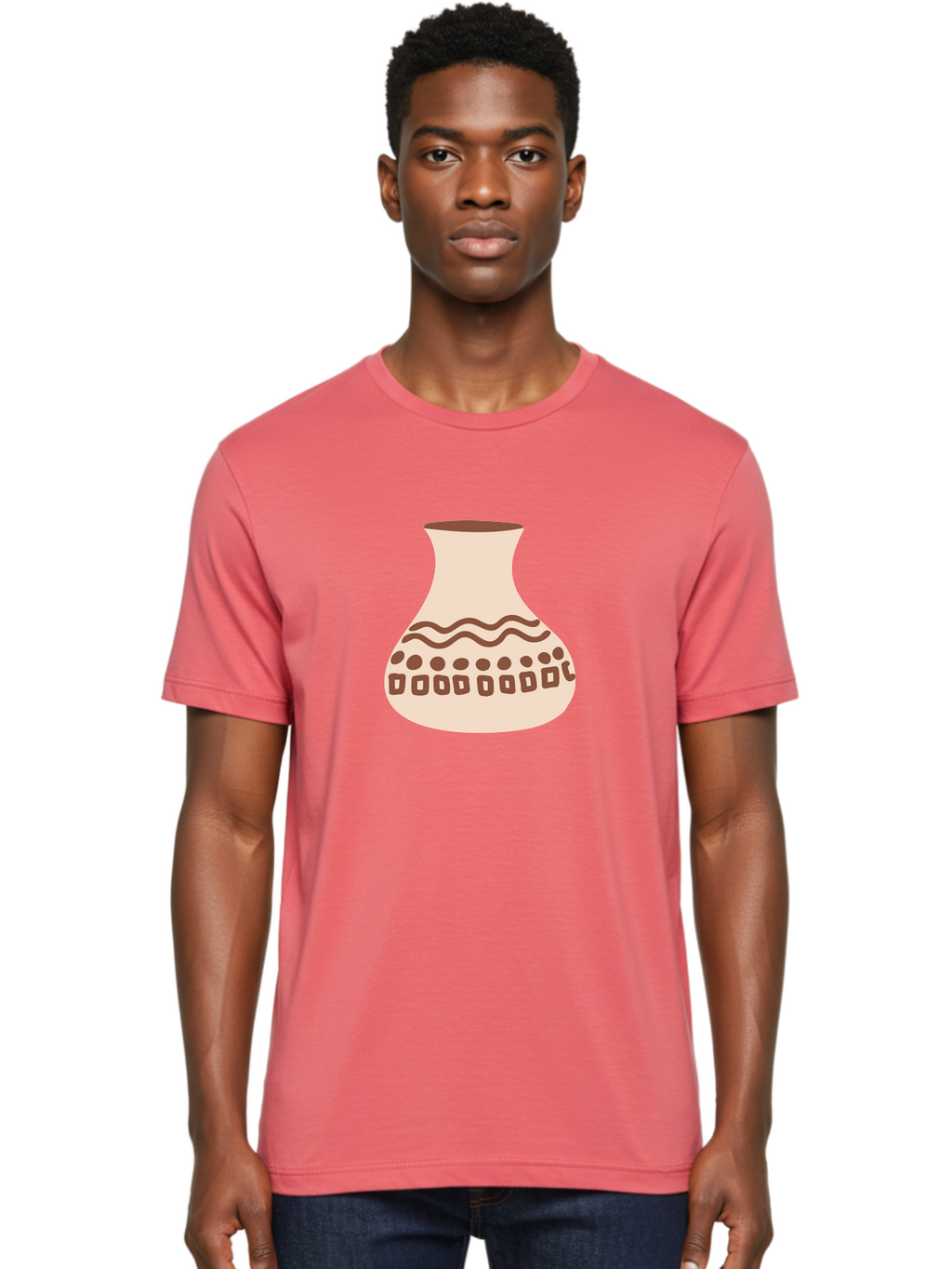 Decorated-Vase Men'S Graphic Tee, 100% Cotton, Comfortable Casual Summer Wear, Machine Washable, Ceramic Pot, Traditional Design, Brown Patterns, Wavy Lines, Circular Motifs, Square Shapes, Earthy Tones, Cultural Heritage, Handmade Pottery, Aae011