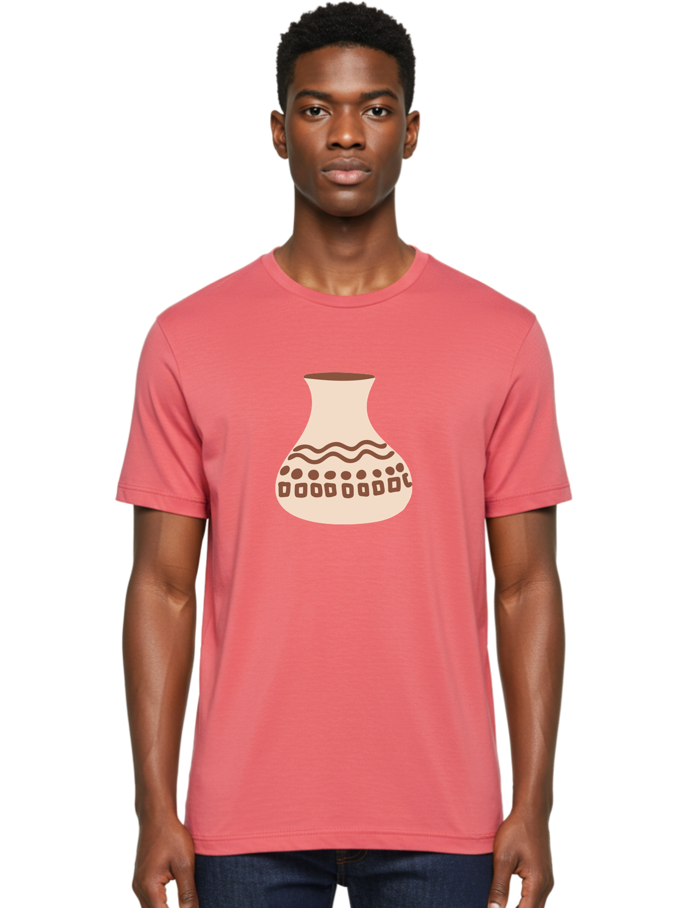 Decorated-Vase Men'S Graphic Tee, 100% Cotton, Comfortable Casual Summer Wear, Machine Washable, Ceramic Pot, Traditional Design, Brown Patterns, Wavy Lines, Circular Motifs, Square Shapes, Earthy Tones, Cultural Heritage, Handmade Pottery, Aae011