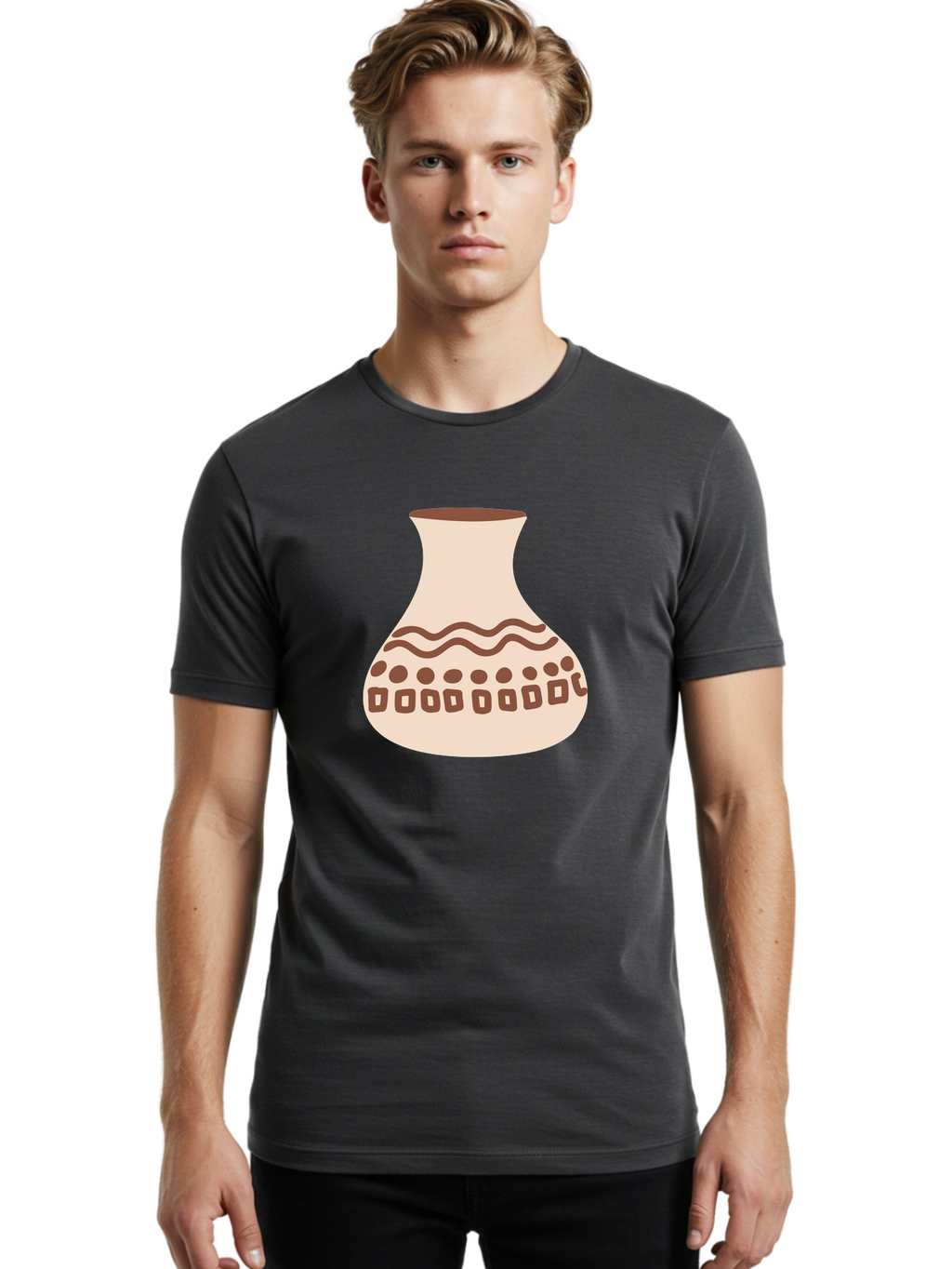 Decorated-Vase Men'S Graphic Tee, 100% Cotton, Comfortable Casual Summer Wear, Machine Washable, Ceramic Pot, Traditional Design, Brown Patterns, Wavy Lines, Circular Motifs, Square Shapes, Earthy Tones, Cultural Heritage, Handmade Pottery, Aae011