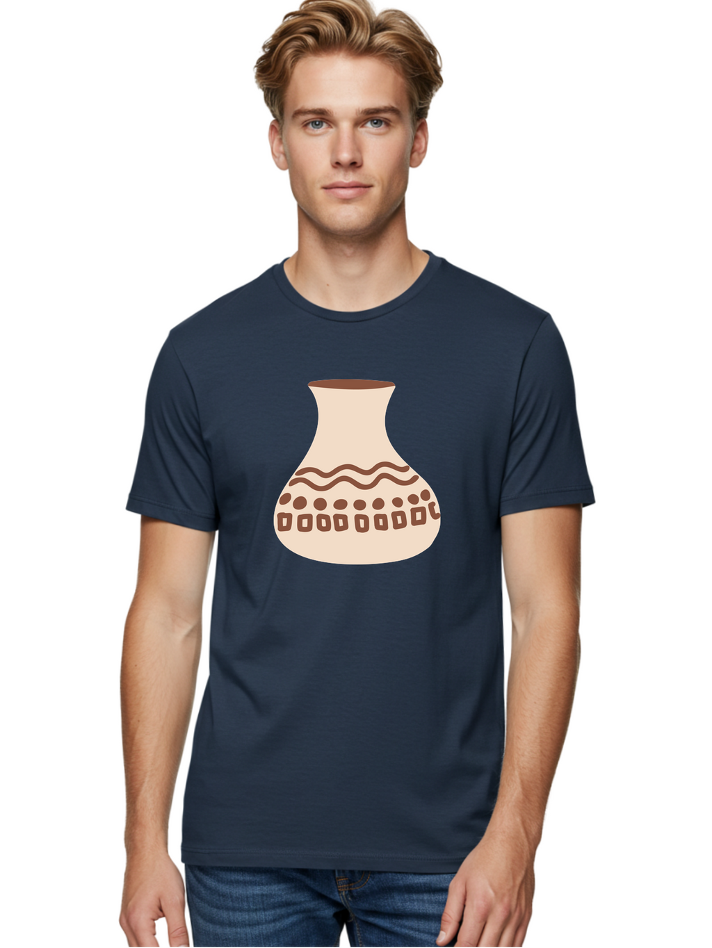 Decorated-Vase Men'S Graphic Tee, 100% Cotton, Comfortable Casual Summer Wear, Machine Washable, Ceramic Pot, Traditional Design, Brown Patterns, Wavy Lines, Circular Motifs, Square Shapes, Earthy Tones, Cultural Heritage, Handmade Pottery, Aae011
