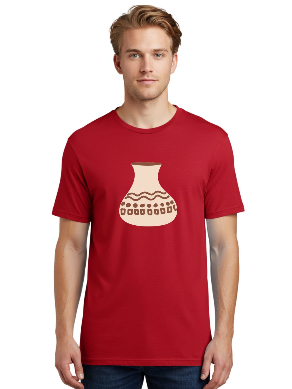 Decorated-Vase Men'S Graphic Tee, 100% Cotton, Comfortable Casual Summer Wear, Machine Washable, Ceramic Pot, Traditional Design, Brown Patterns, Wavy Lines, Circular Motifs, Square Shapes, Earthy Tones, Cultural Heritage, Handmade Pottery, Aae011