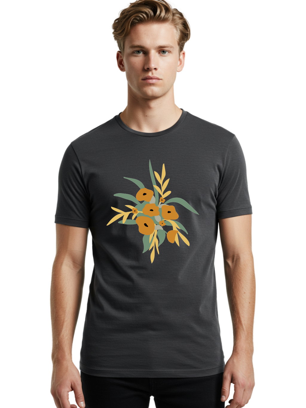 Eucalyptus-Illustration Men'S Graphic Tee, 100% Cotton, Comfortable Casual Summer Wear, Machine Washable, Eucalyptus Branch, Eucalyptus Leaves, Minimalist Design, Modern Art, Botanical Illustration, Simple Shapes, Yellow And Grey Leaves, Aae013