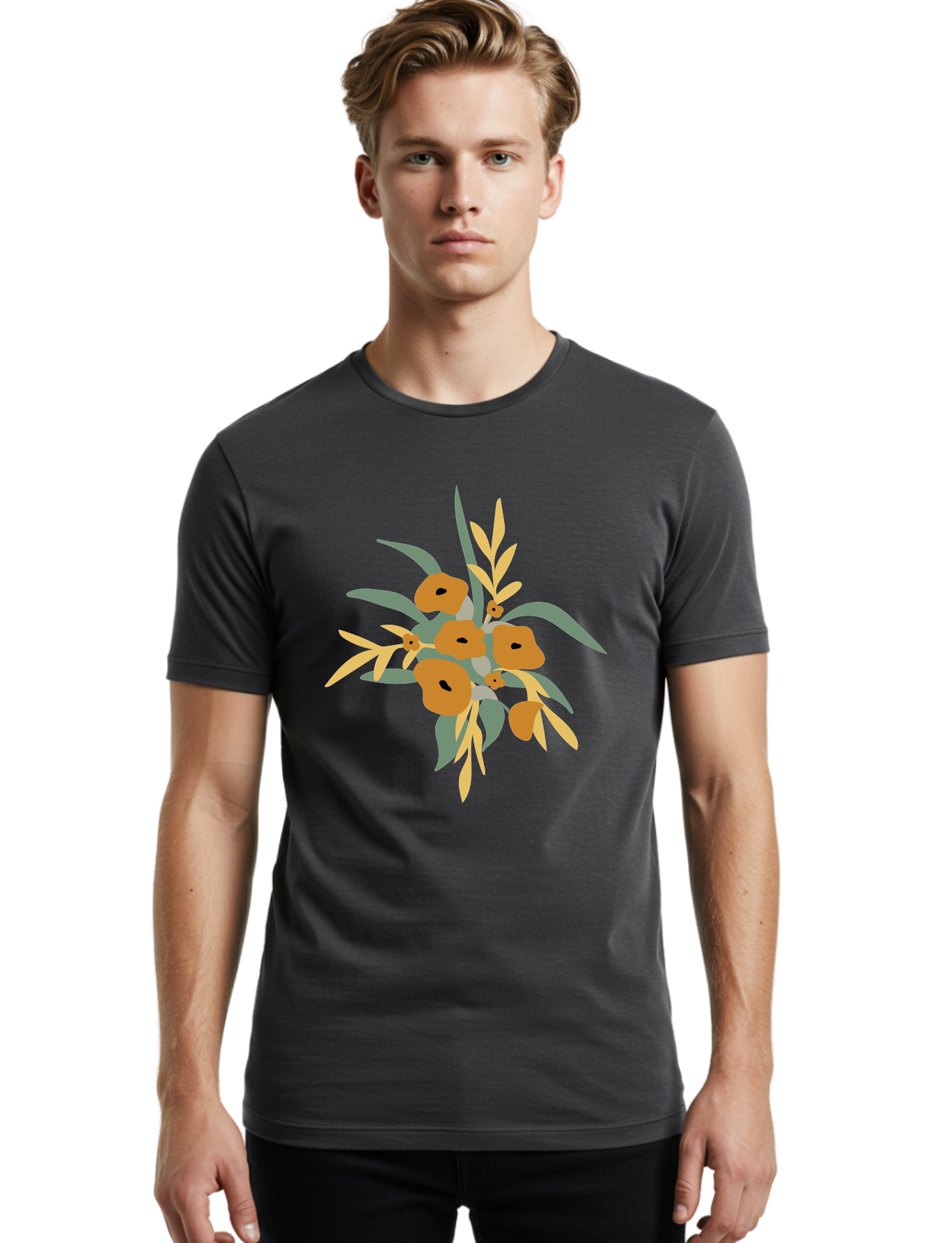Eucalyptus-Illustration Men'S Graphic Tee, 100% Cotton, Comfortable Casual Summer Wear, Machine Washable, Eucalyptus Branch, Eucalyptus Leaves, Minimalist Design, Modern Art, Botanical Illustration, Simple Shapes, Yellow And Grey Leaves, Aae013