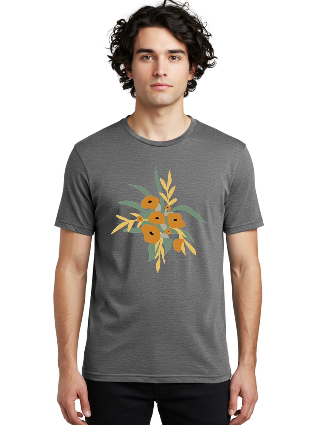 Eucalyptus-Illustration Men'S Graphic Tee, 100% Cotton, Comfortable Casual Summer Wear, Machine Washable, Eucalyptus Branch, Eucalyptus Leaves, Minimalist Design, Modern Art, Botanical Illustration, Simple Shapes, Yellow And Grey Leaves, Aae013