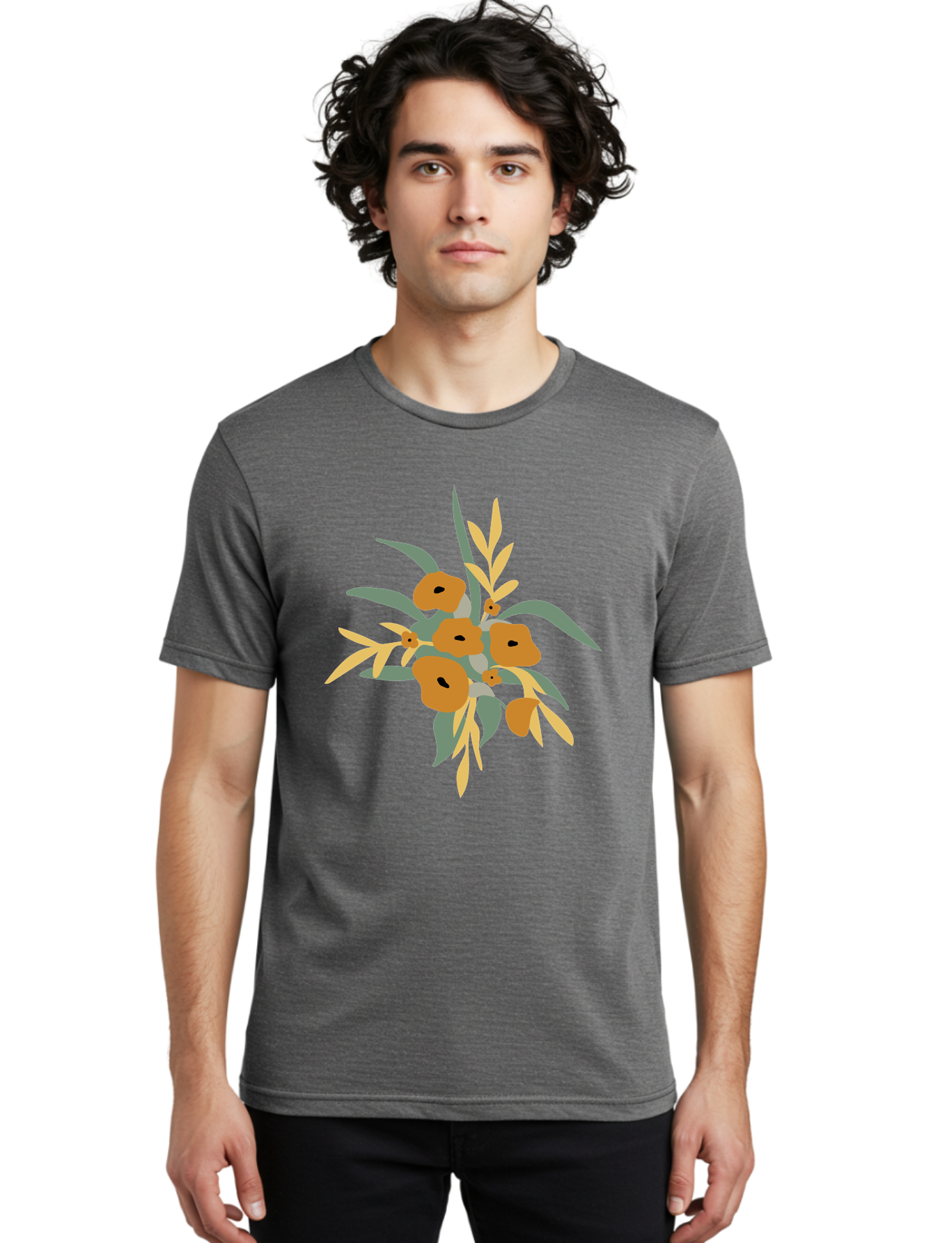 Eucalyptus-Illustration Men'S Graphic Tee, 100% Cotton, Comfortable Casual Summer Wear, Machine Washable, Eucalyptus Branch, Eucalyptus Leaves, Minimalist Design, Modern Art, Botanical Illustration, Simple Shapes, Yellow And Grey Leaves, Aae013