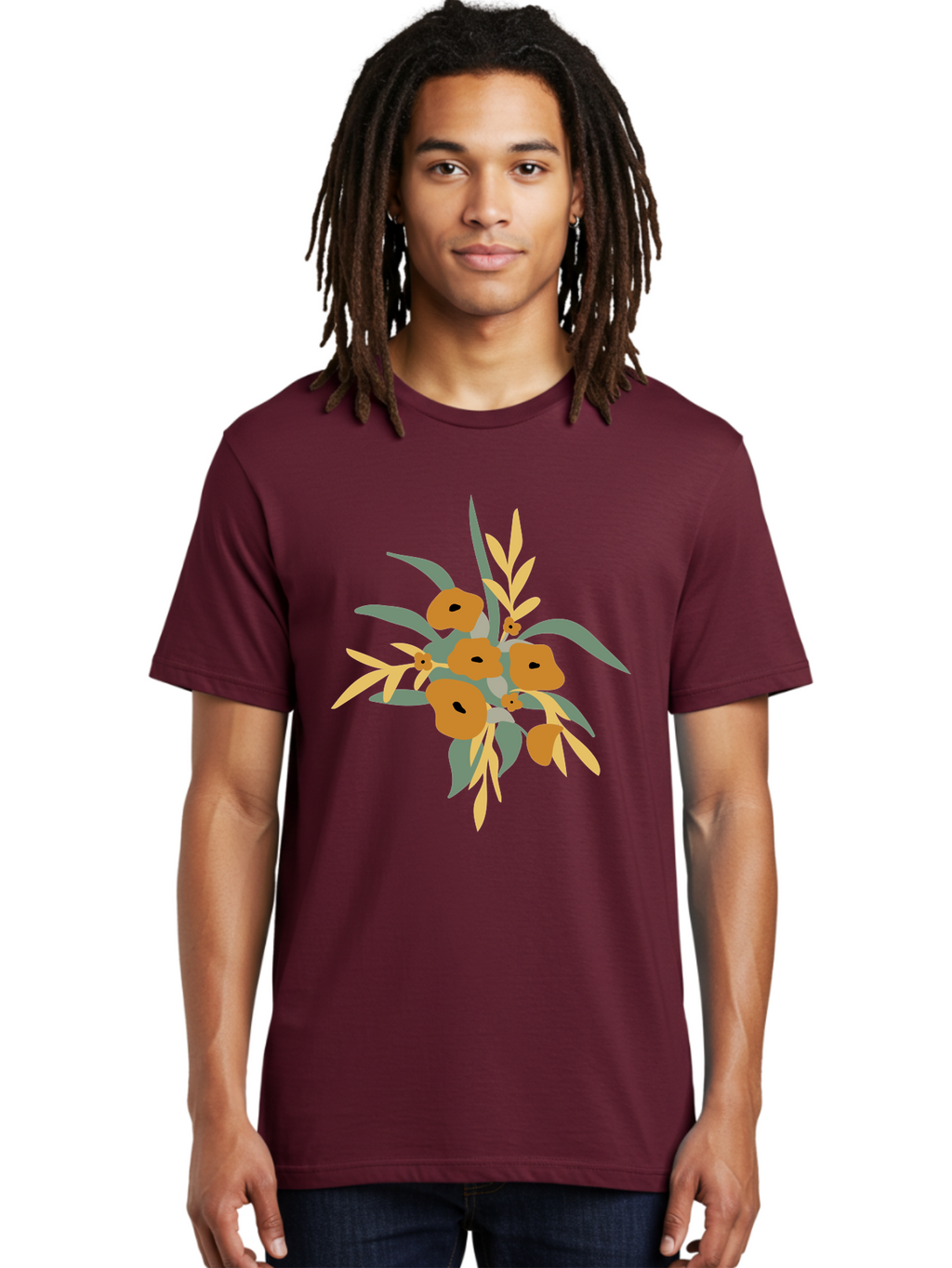 Eucalyptus-Illustration Men'S Graphic Tee, 100% Cotton, Comfortable Casual Summer Wear, Machine Washable, Eucalyptus Branch, Eucalyptus Leaves, Minimalist Design, Modern Art, Botanical Illustration, Simple Shapes, Yellow And Grey Leaves, Aae013