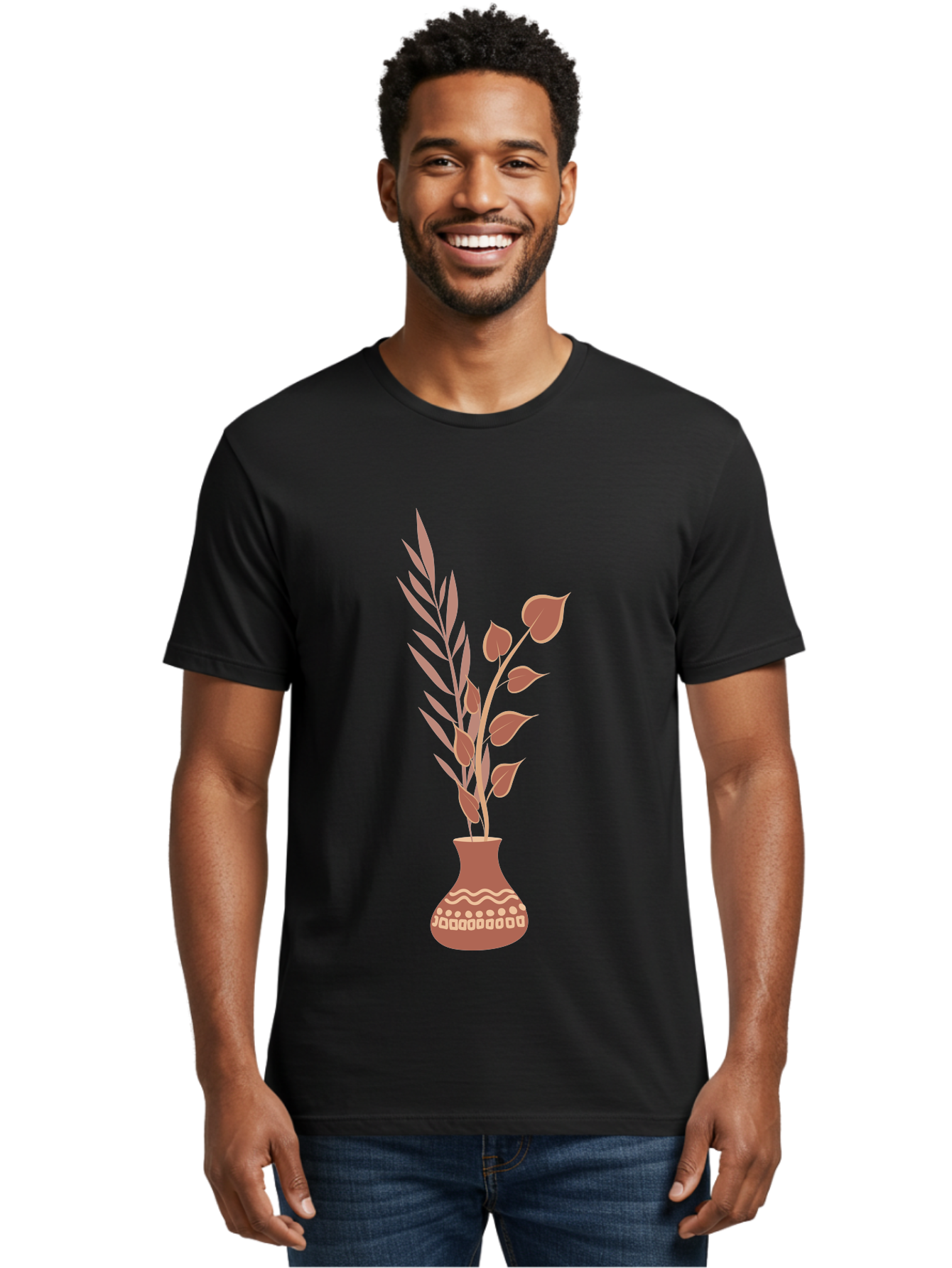 Floral-Vase Men'S Graphic Tee, 100% Cotton, Comfortable Casual Summer Wear, Machine Washable, Decorative Vase, Leaves, Flowers, Floral Arrangement, Home Decor, Minimalist Design, Elegant Vase, Simple Flowers, Decorative Elements, Aae018