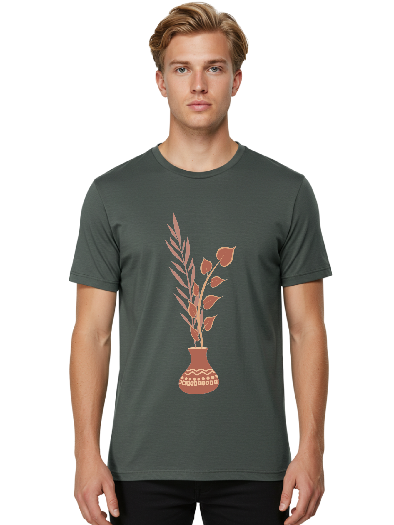 Floral-Vase Men'S Graphic Tee, 100% Cotton, Comfortable Casual Summer Wear, Machine Washable, Decorative Vase, Leaves, Flowers, Floral Arrangement, Home Decor, Minimalist Design, Elegant Vase, Simple Flowers, Decorative Elements, Aae018
