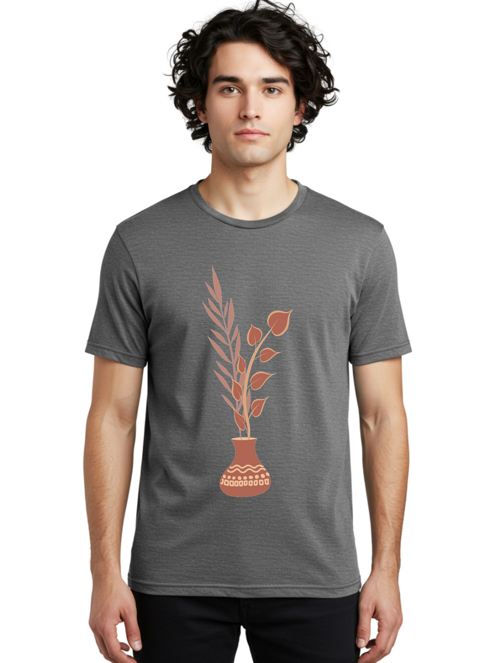 Floral-Vase Men'S Graphic Tee, 100% Cotton, Comfortable Casual Summer Wear, Machine Washable, Decorative Vase, Leaves, Flowers, Floral Arrangement, Home Decor, Minimalist Design, Elegant Vase, Simple Flowers, Decorative Elements, Aae018