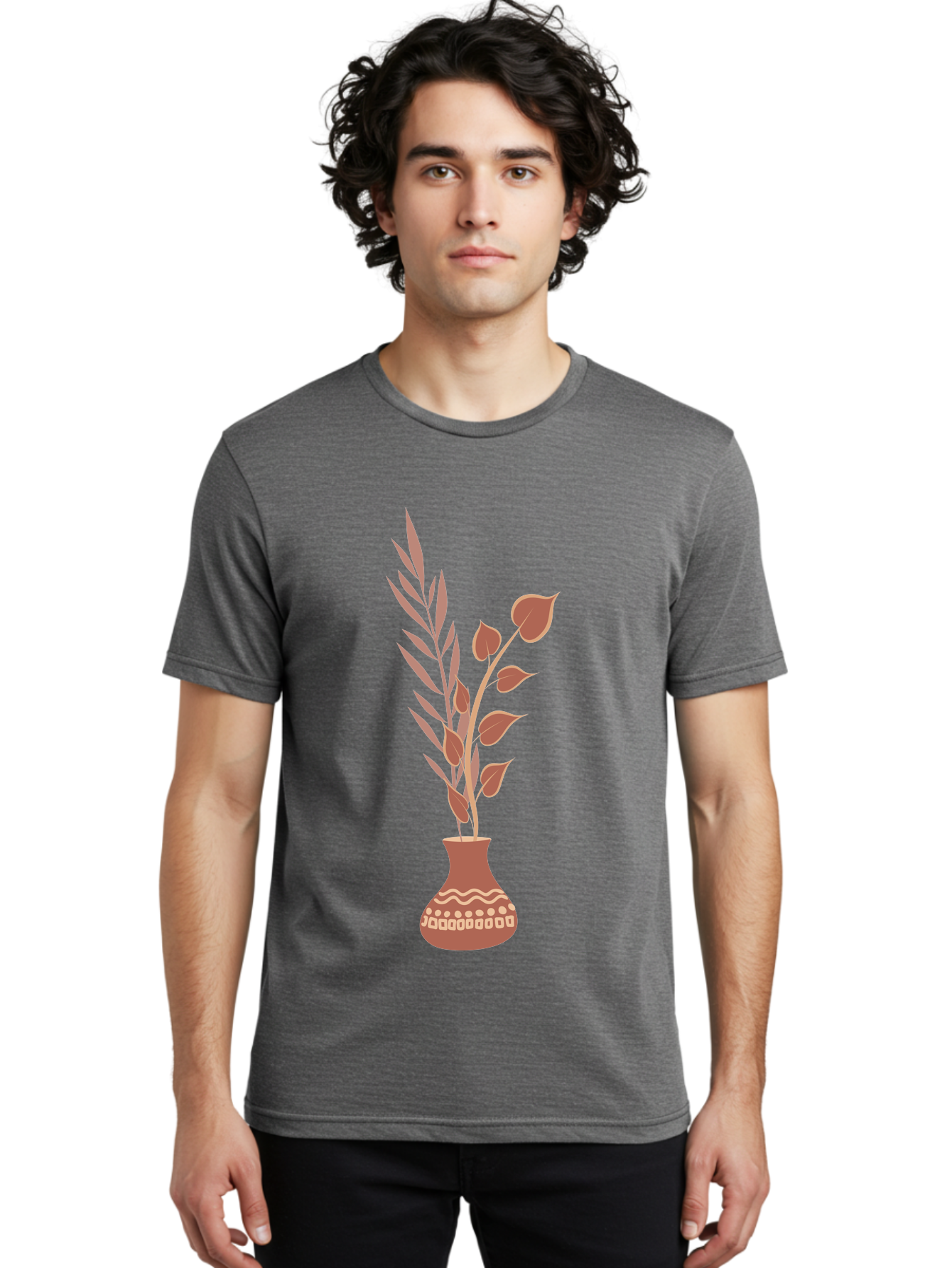 Floral-Vase Men'S Graphic Tee, 100% Cotton, Comfortable Casual Summer Wear, Machine Washable, Decorative Vase, Leaves, Flowers, Floral Arrangement, Home Decor, Minimalist Design, Elegant Vase, Simple Flowers, Decorative Elements, Aae018