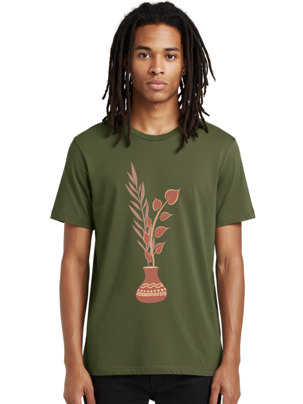 Floral-Vase Men'S Graphic Tee, 100% Cotton, Comfortable Casual Summer Wear, Machine Washable, Decorative Vase, Leaves, Flowers, Floral Arrangement, Home Decor, Minimalist Design, Elegant Vase, Simple Flowers, Decorative Elements, Aae018
