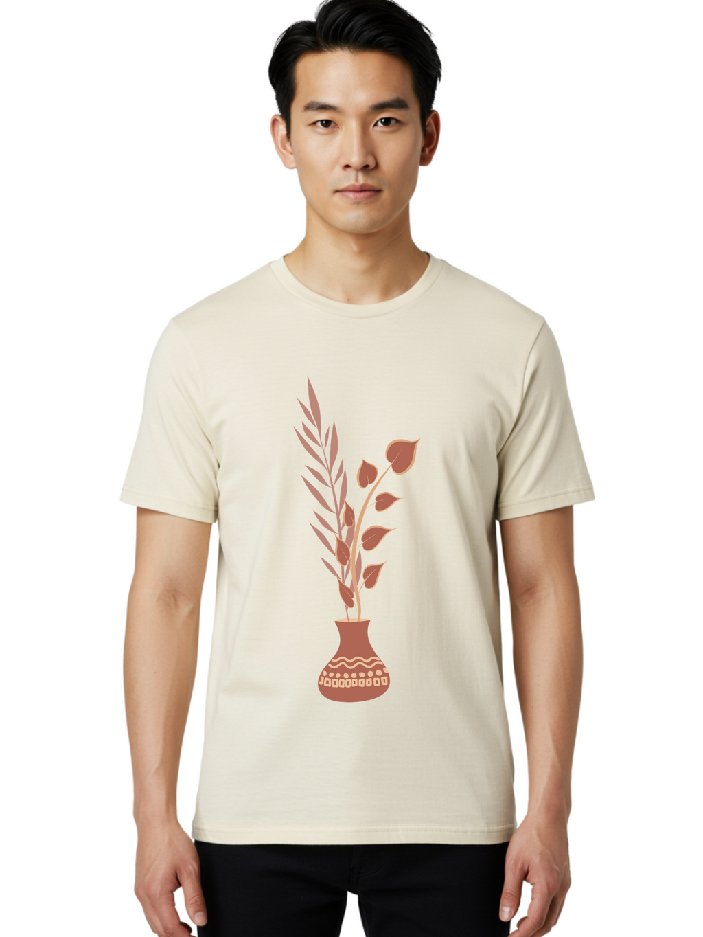 Floral-Vase Men'S Graphic Tee, 100% Cotton, Comfortable Casual Summer Wear, Machine Washable, Decorative Vase, Leaves, Flowers, Floral Arrangement, Home Decor, Minimalist Design, Elegant Vase, Simple Flowers, Decorative Elements, Aae018