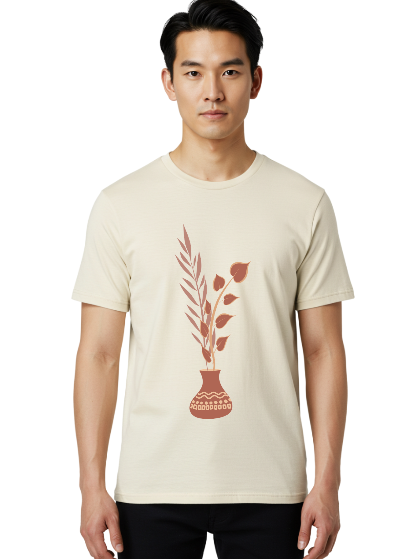 Floral-Vase Men'S Graphic Tee, 100% Cotton, Comfortable Casual Summer Wear, Machine Washable, Decorative Vase, Leaves, Flowers, Floral Arrangement, Home Decor, Minimalist Design, Elegant Vase, Simple Flowers, Decorative Elements, Aae018