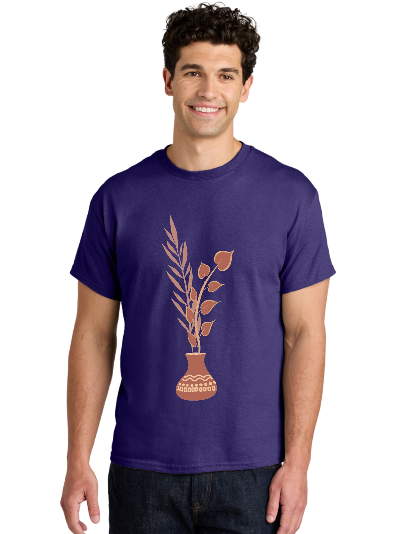Floral-Vase Men'S Graphic Tee, 100% Cotton, Comfortable Casual Summer Wear, Machine Washable, Decorative Vase, Leaves, Flowers, Floral Arrangement, Home Decor, Minimalist Design, Elegant Vase, Simple Flowers, Decorative Elements, Aae018