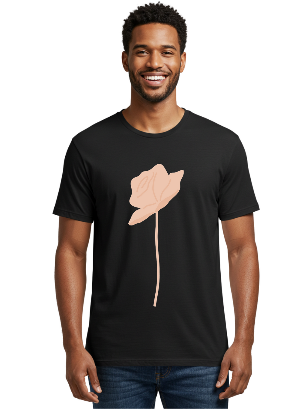 Flower Men'S Graphic Tee, 100% Cotton, Comfortable Casual Summer Wear, Machine Washable, Peach-Colored Flower, Minimalist Design, Simple Illustration, Soft Hues, Delicate Petals, Elegant Stem, Floral Art Aae019