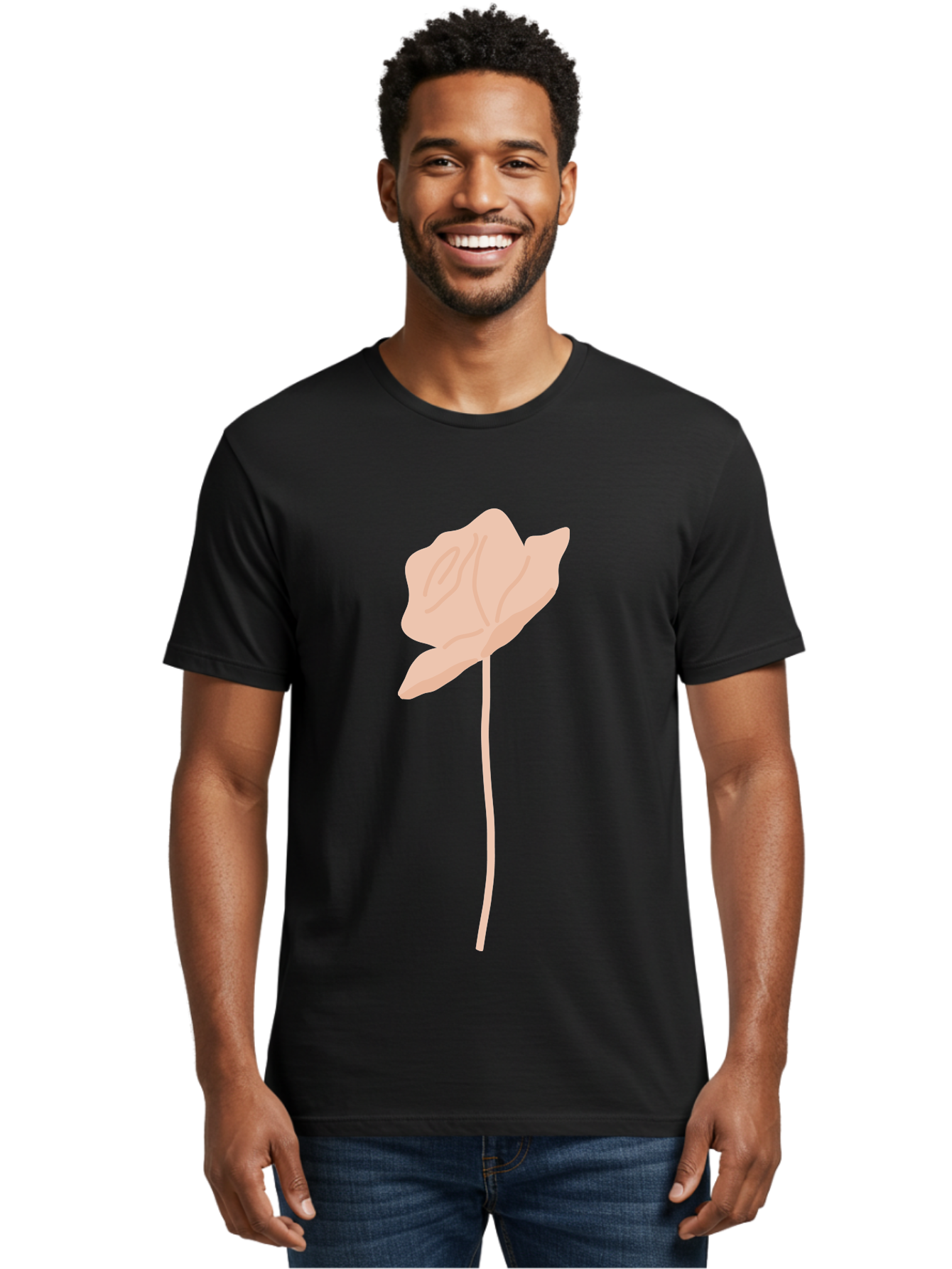 Flower Men'S Graphic Tee, 100% Cotton, Comfortable Casual Summer Wear, Machine Washable, Peach-Colored Flower, Minimalist Design, Simple Illustration, Soft Hues, Delicate Petals, Elegant Stem, Floral Art Aae019