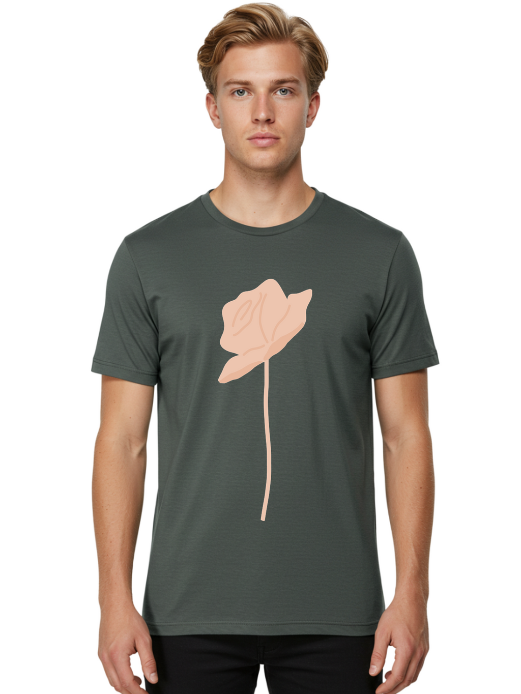Flower Men'S Graphic Tee, 100% Cotton, Comfortable Casual Summer Wear, Machine Washable, Peach-Colored Flower, Minimalist Design, Simple Illustration, Soft Hues, Delicate Petals, Elegant Stem, Floral Art Aae019