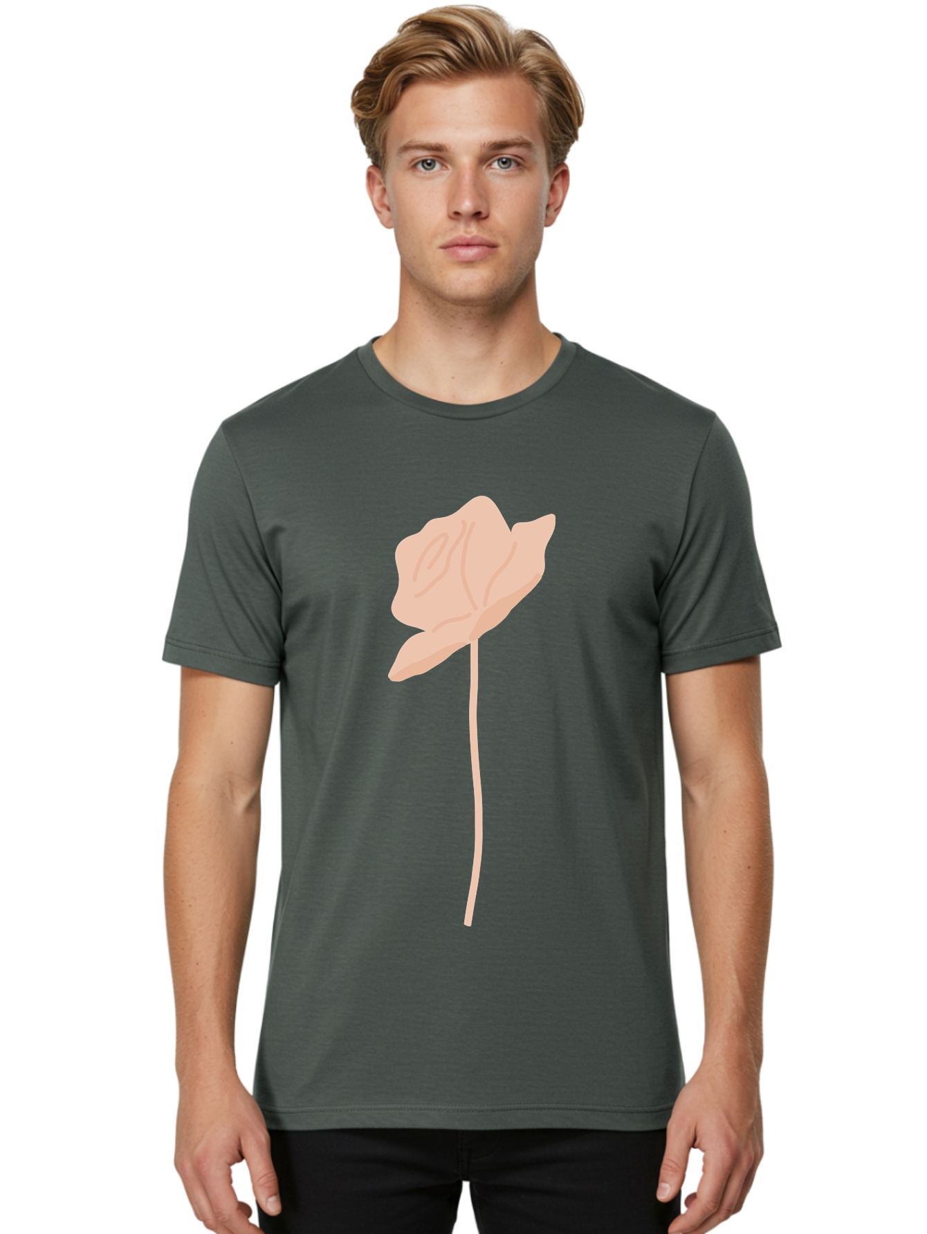 Flower Men'S Graphic Tee, 100% Cotton, Comfortable Casual Summer Wear, Machine Washable, Peach-Colored Flower, Minimalist Design, Simple Illustration, Soft Hues, Delicate Petals, Elegant Stem, Floral Art Aae019