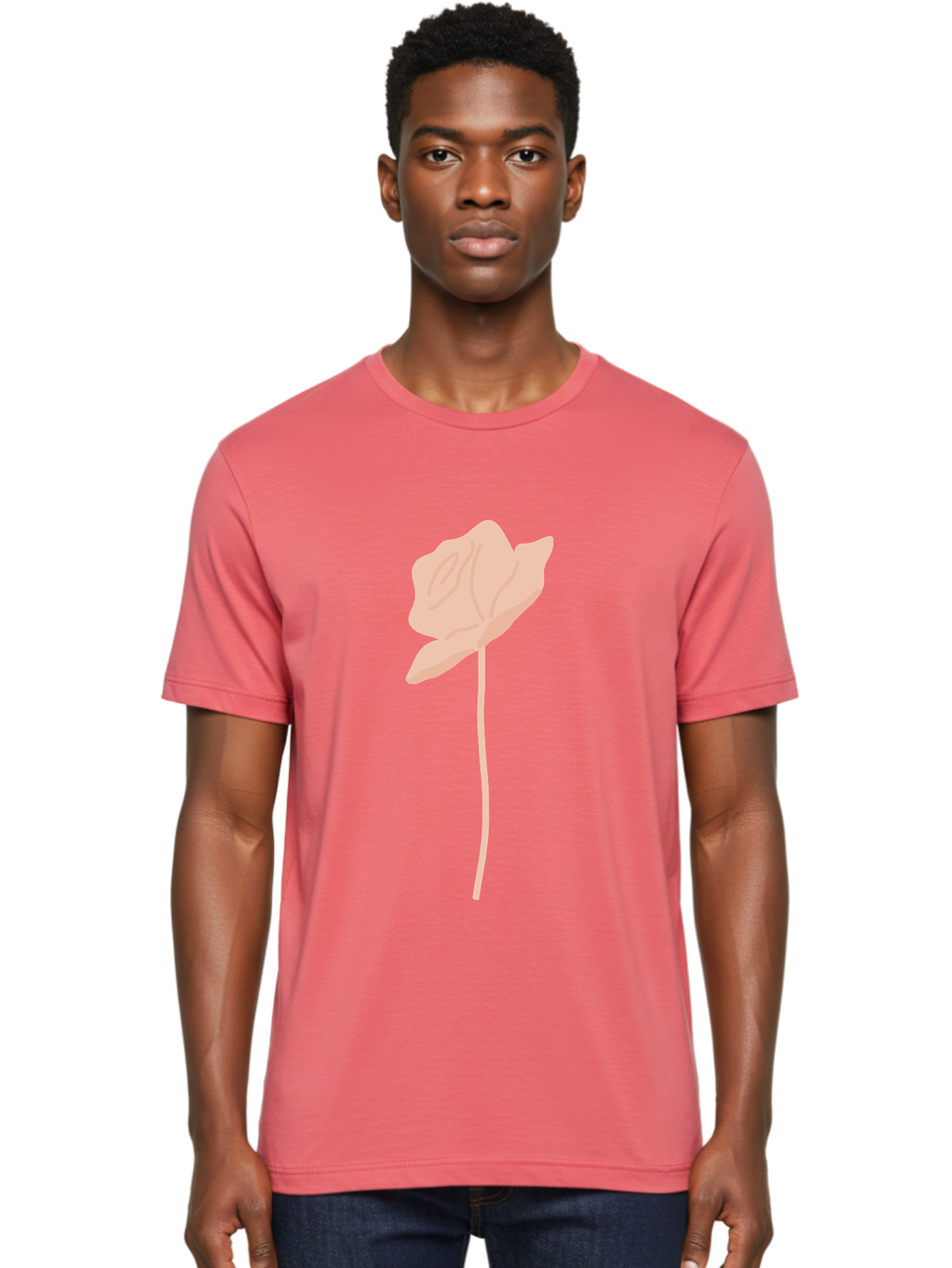 Flower Men'S Graphic Tee, 100% Cotton, Comfortable Casual Summer Wear, Machine Washable, Peach-Colored Flower, Minimalist Design, Simple Illustration, Soft Hues, Delicate Petals, Elegant Stem, Floral Art Aae019
