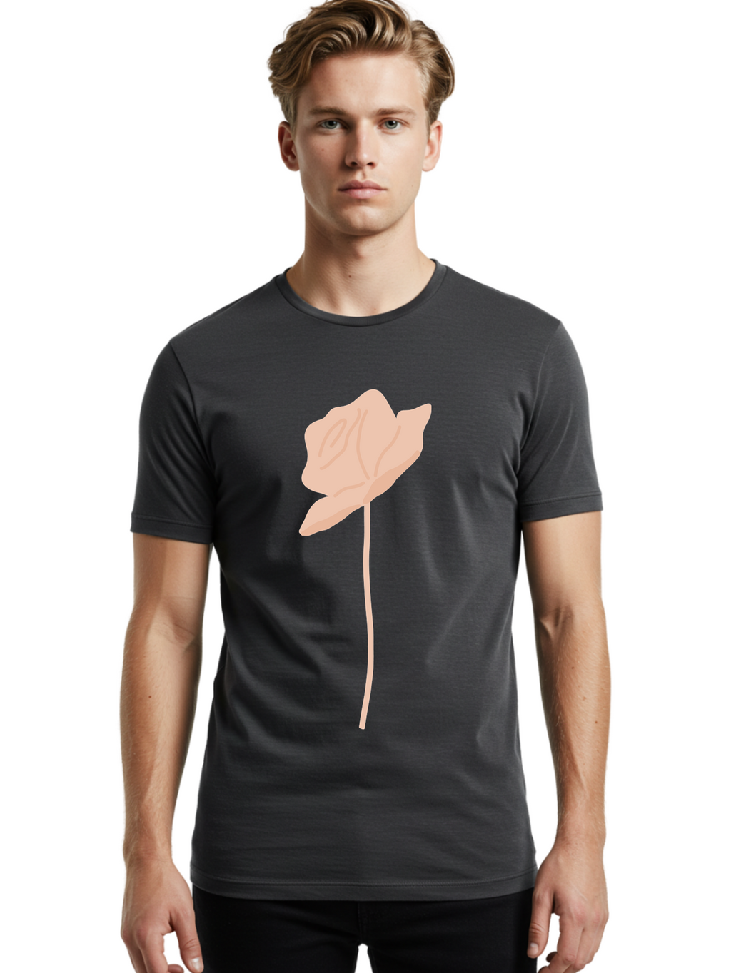 Flower Men'S Graphic Tee, 100% Cotton, Comfortable Casual Summer Wear, Machine Washable, Peach-Colored Flower, Minimalist Design, Simple Illustration, Soft Hues, Delicate Petals, Elegant Stem, Floral Art Aae019
