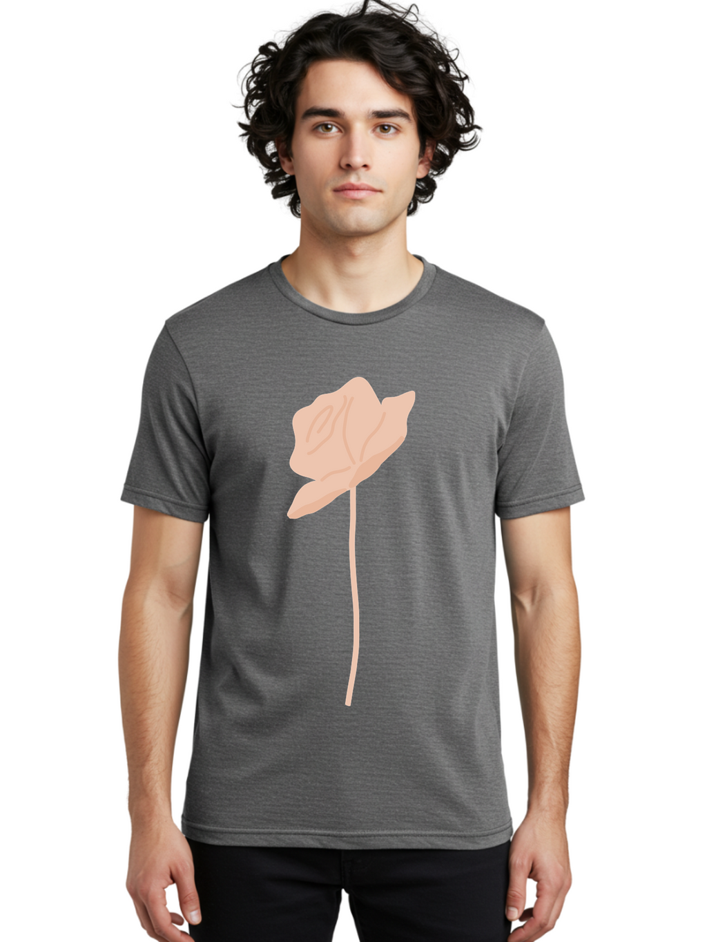 Flower Men'S Graphic Tee, 100% Cotton, Comfortable Casual Summer Wear, Machine Washable, Peach-Colored Flower, Minimalist Design, Simple Illustration, Soft Hues, Delicate Petals, Elegant Stem, Floral Art Aae019