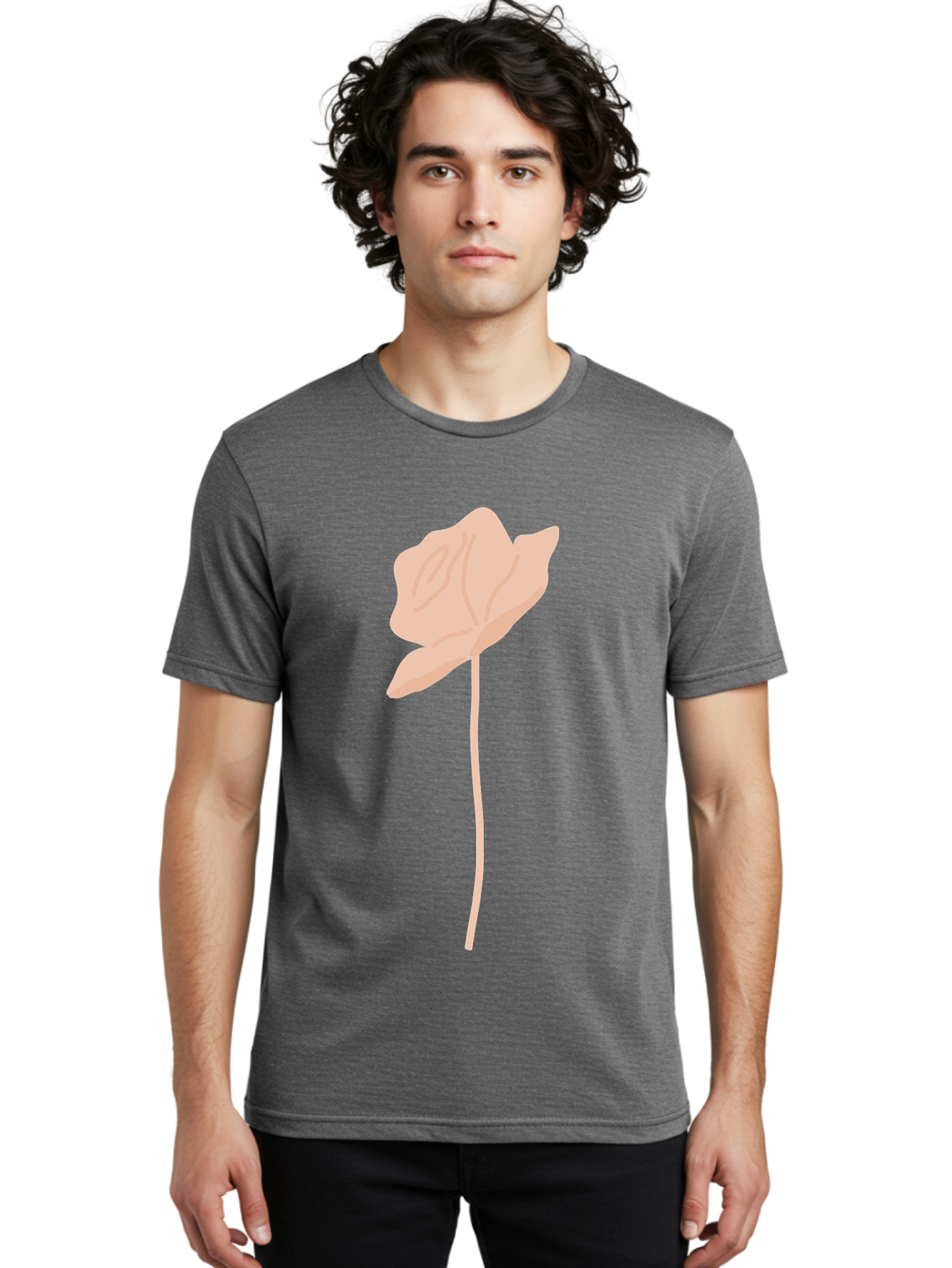 Flower Men'S Graphic Tee, 100% Cotton, Comfortable Casual Summer Wear, Machine Washable, Peach-Colored Flower, Minimalist Design, Simple Illustration, Soft Hues, Delicate Petals, Elegant Stem, Floral Art Aae019