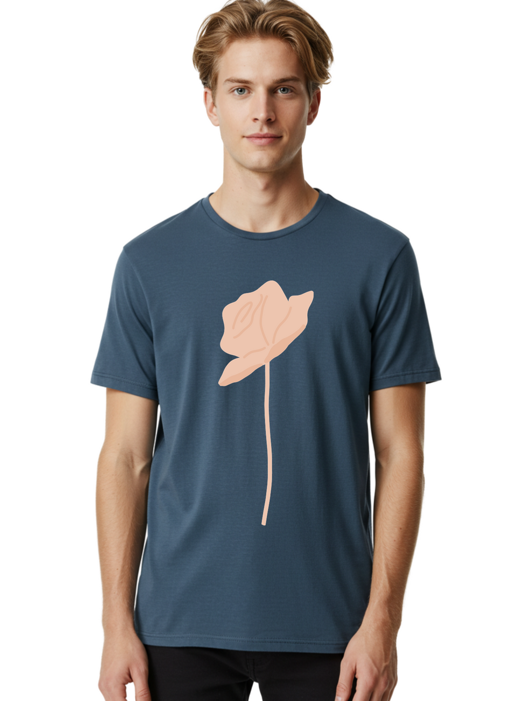 Flower Men'S Graphic Tee, 100% Cotton, Comfortable Casual Summer Wear, Machine Washable, Peach-Colored Flower, Minimalist Design, Simple Illustration, Soft Hues, Delicate Petals, Elegant Stem, Floral Art Aae019
