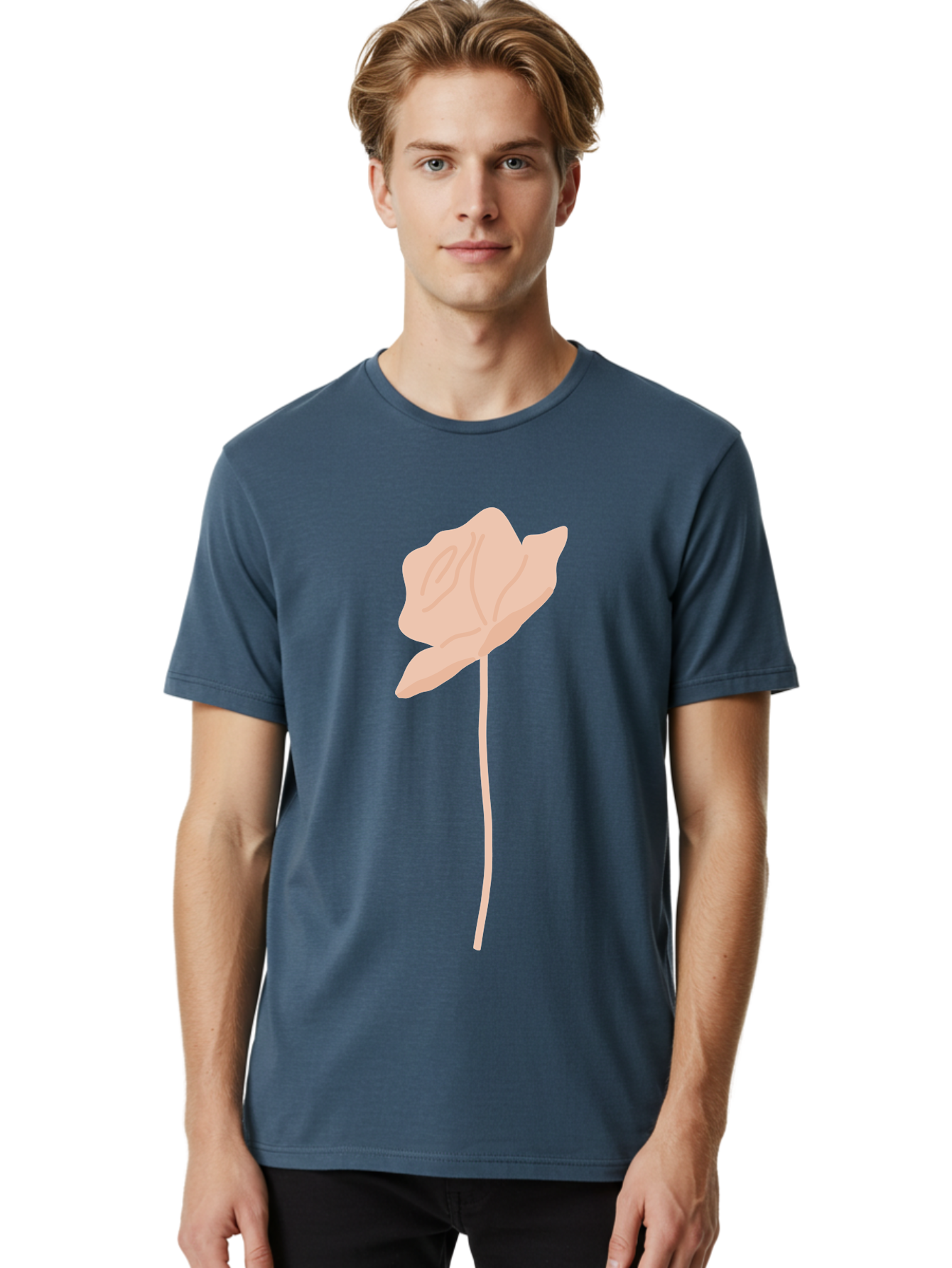 Flower Men'S Graphic Tee, 100% Cotton, Comfortable Casual Summer Wear, Machine Washable, Peach-Colored Flower, Minimalist Design, Simple Illustration, Soft Hues, Delicate Petals, Elegant Stem, Floral Art Aae019