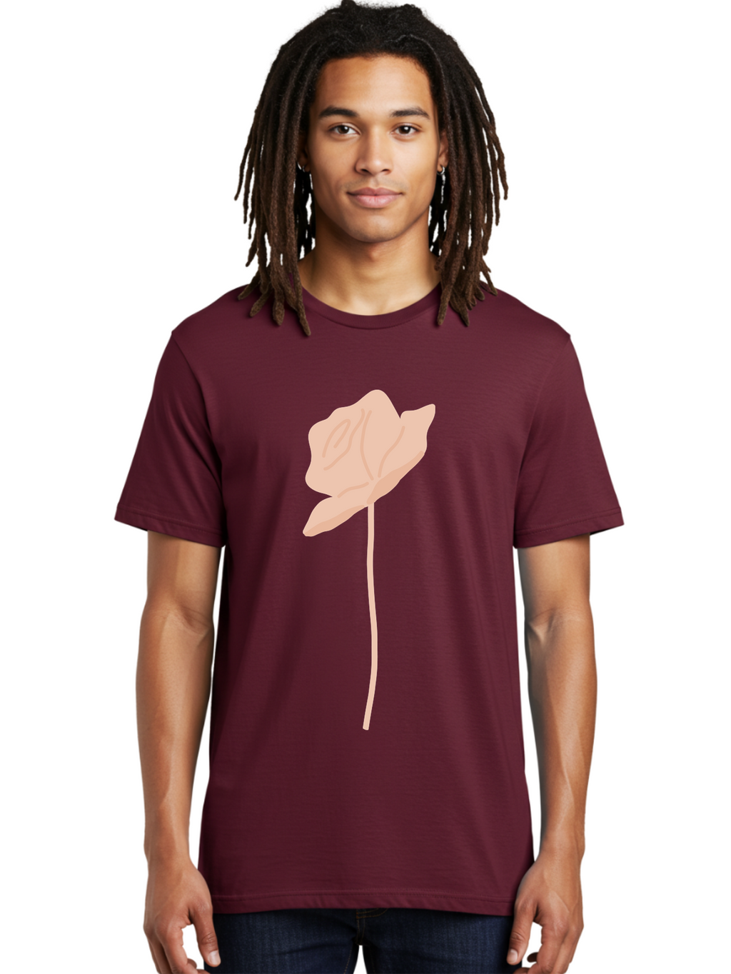 Flower Men'S Graphic Tee, 100% Cotton, Comfortable Casual Summer Wear, Machine Washable, Peach-Colored Flower, Minimalist Design, Simple Illustration, Soft Hues, Delicate Petals, Elegant Stem, Floral Art Aae019