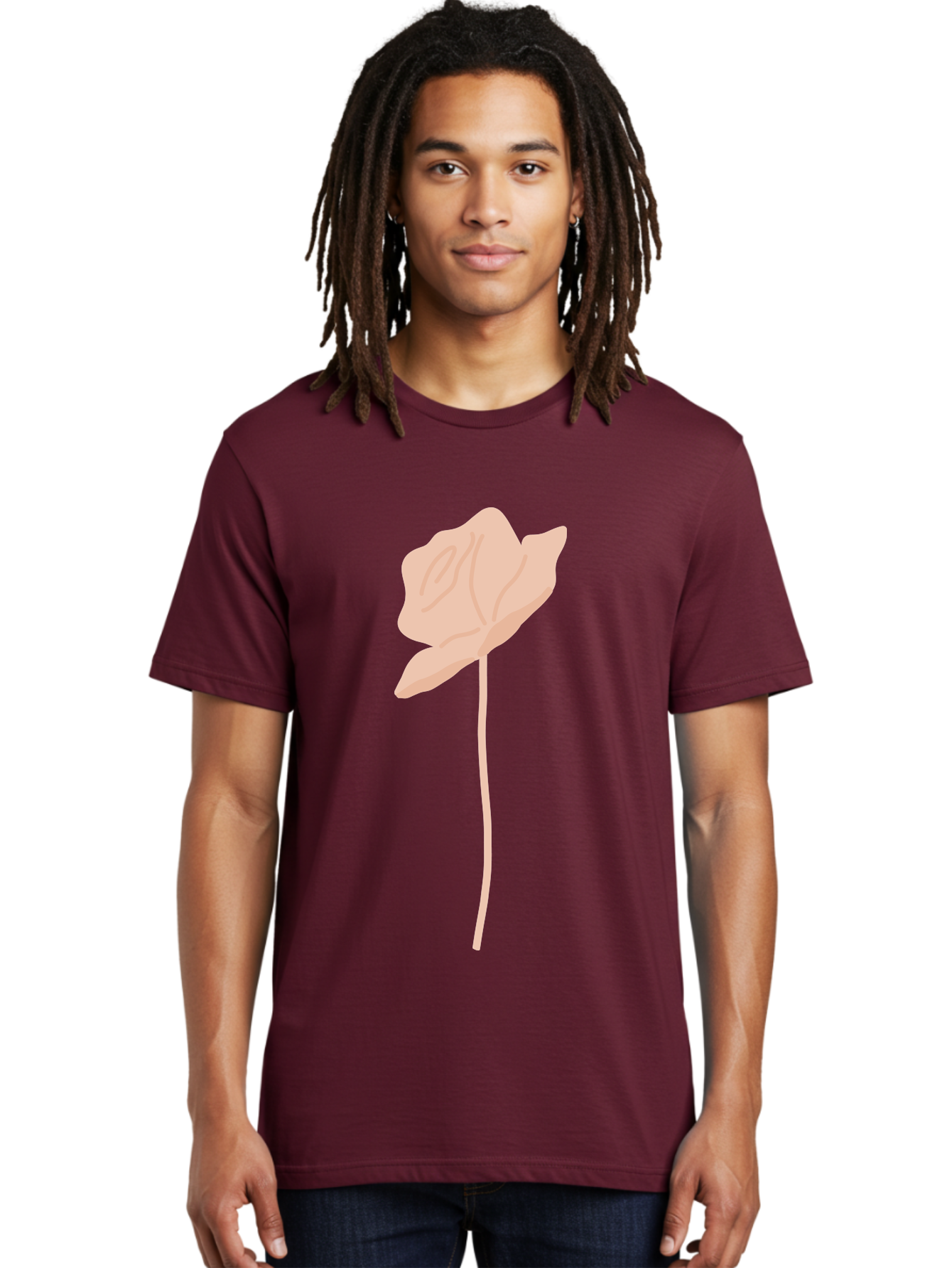 Flower Men'S Graphic Tee, 100% Cotton, Comfortable Casual Summer Wear, Machine Washable, Peach-Colored Flower, Minimalist Design, Simple Illustration, Soft Hues, Delicate Petals, Elegant Stem, Floral Art Aae019