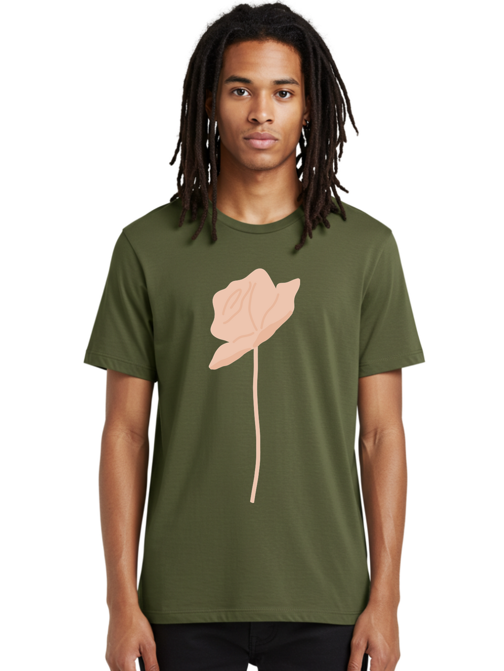 Flower Men'S Graphic Tee, 100% Cotton, Comfortable Casual Summer Wear, Machine Washable, Peach-Colored Flower, Minimalist Design, Simple Illustration, Soft Hues, Delicate Petals, Elegant Stem, Floral Art Aae019