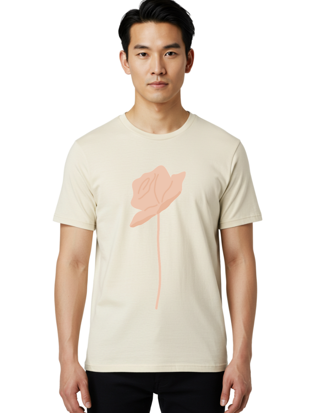 Flower Men'S Graphic Tee, 100% Cotton, Comfortable Casual Summer Wear, Machine Washable, Peach-Colored Flower, Minimalist Design, Simple Illustration, Soft Hues, Delicate Petals, Elegant Stem, Floral Art Aae019