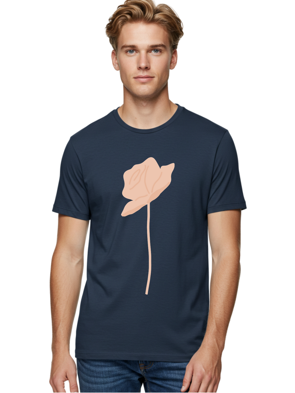 Flower Men'S Graphic Tee, 100% Cotton, Comfortable Casual Summer Wear, Machine Washable, Peach-Colored Flower, Minimalist Design, Simple Illustration, Soft Hues, Delicate Petals, Elegant Stem, Floral Art Aae019