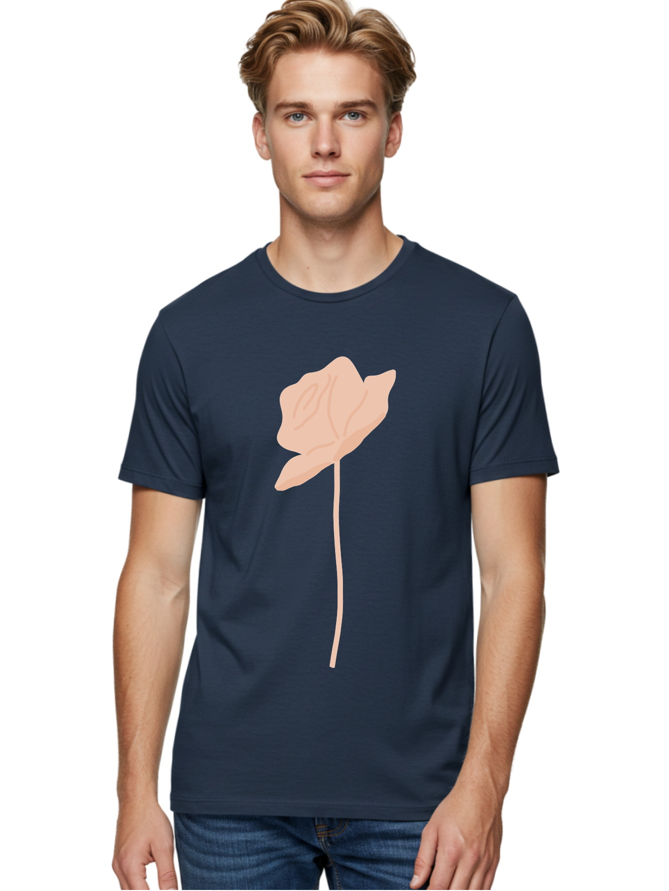 Flower Men'S Graphic Tee, 100% Cotton, Comfortable Casual Summer Wear, Machine Washable, Peach-Colored Flower, Minimalist Design, Simple Illustration, Soft Hues, Delicate Petals, Elegant Stem, Floral Art Aae019