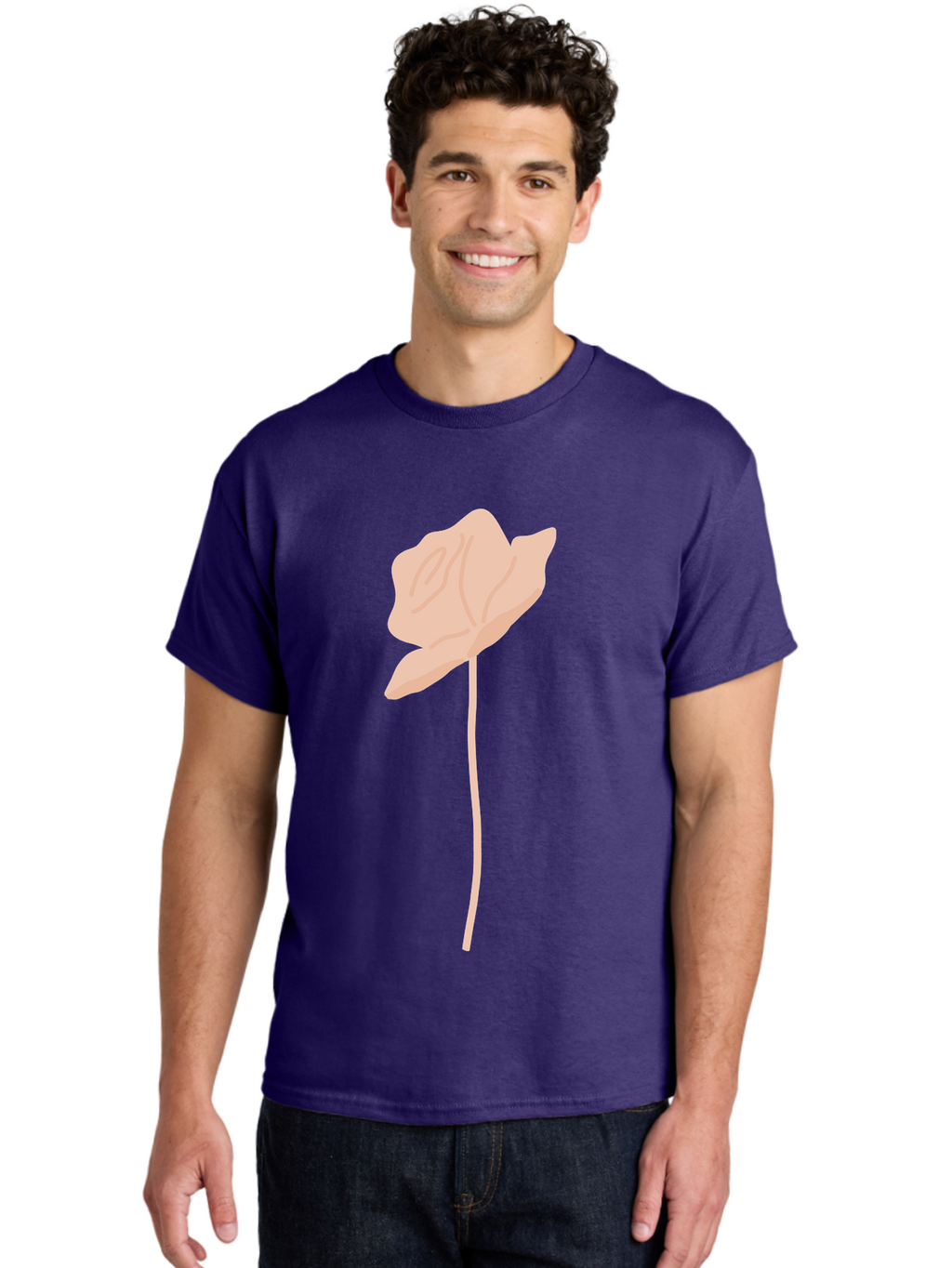 Flower Men'S Graphic Tee, 100% Cotton, Comfortable Casual Summer Wear, Machine Washable, Peach-Colored Flower, Minimalist Design, Simple Illustration, Soft Hues, Delicate Petals, Elegant Stem, Floral Art Aae019