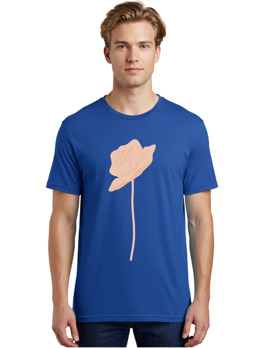 Flower Men'S Graphic Tee, 100% Cotton, Comfortable Casual Summer Wear, Machine Washable, Peach-Colored Flower, Minimalist Design, Simple Illustration, Soft Hues, Delicate Petals, Elegant Stem, Floral Art Aae019