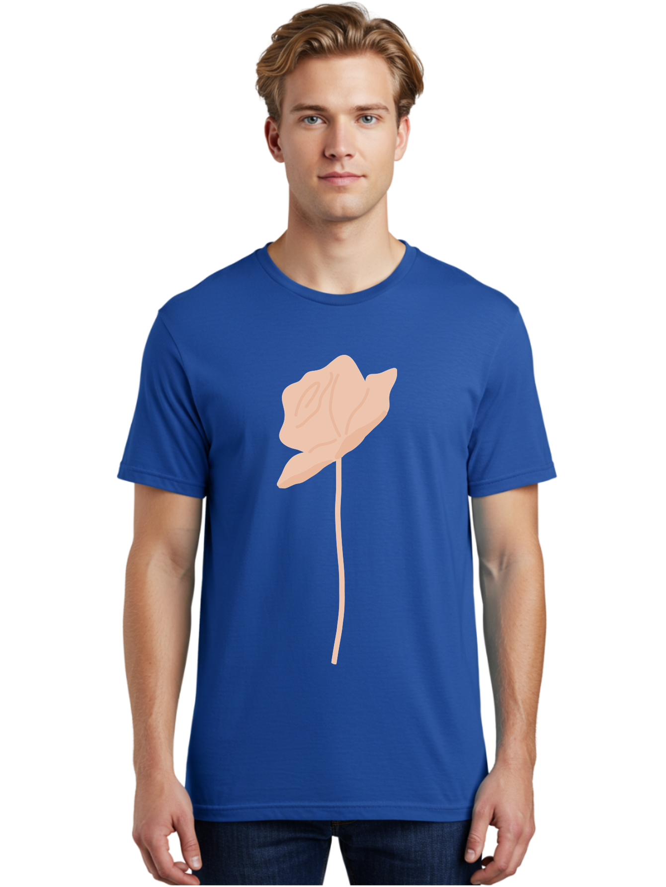 Flower Men'S Graphic Tee, 100% Cotton, Comfortable Casual Summer Wear, Machine Washable, Peach-Colored Flower, Minimalist Design, Simple Illustration, Soft Hues, Delicate Petals, Elegant Stem, Floral Art Aae019