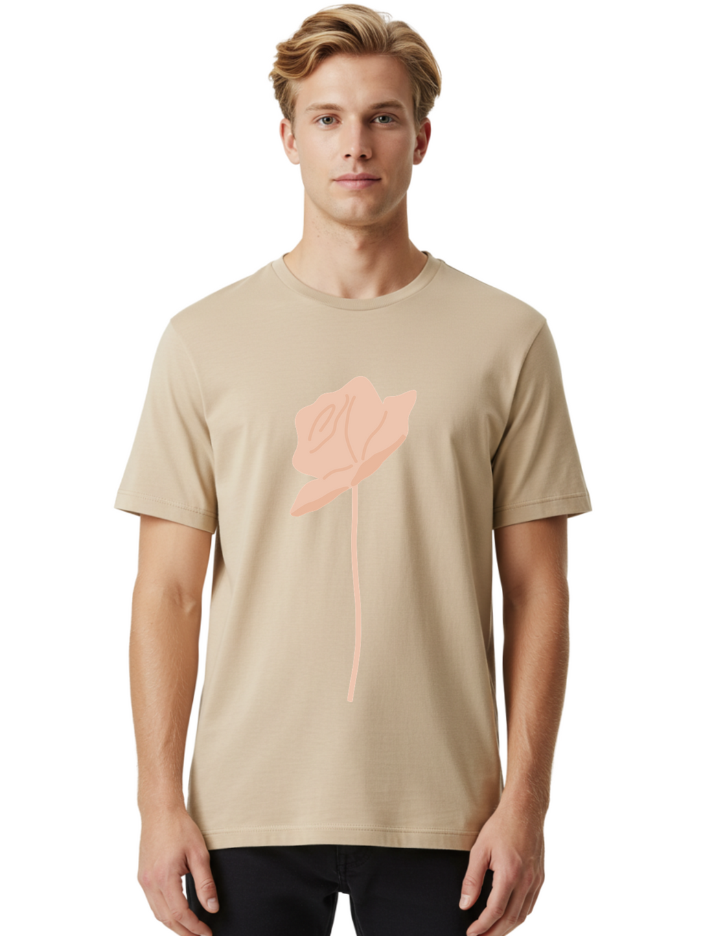 Flower Men'S Graphic Tee, 100% Cotton, Comfortable Casual Summer Wear, Machine Washable, Peach-Colored Flower, Minimalist Design, Simple Illustration, Soft Hues, Delicate Petals, Elegant Stem, Floral Art Aae019