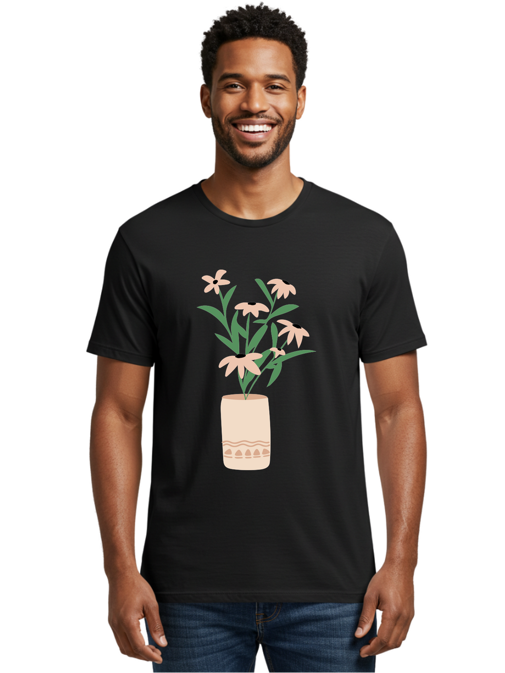 Flowers-In-Vase-1 Men'S Graphic Tee, 100% Cotton, Comfortable Casual Summer Wear, Machine Washable, Pink Flowers In Vase, Floral Arrangement, Simple Design, Minimalist Style, Elegant Decor, Home Decor, Flower Bouquet, Daisy-Like Flowers Aae020
